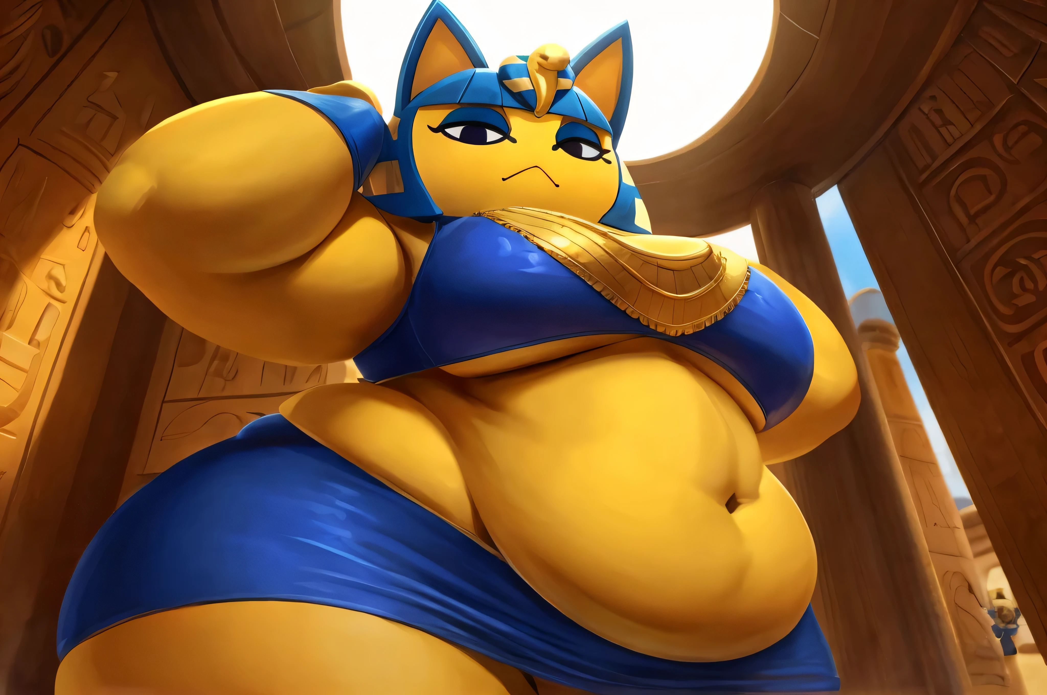 Ankha Peluda, Cat girl, animal crossing, grandes olhos lindos, pele do corpo, curvando-se, wearing standard sportswear, mostrando bunda, melhor qualidade, high resolution, Curvo, muito gordo, quadris largos, enorme, coxas grossas e macias, muito gordo flabby arms, Realistic lighting, alto detalhe, Rosto detalhado, sombreamento realista, rolos de gordura, tamanho enorme, seios gigantescos e enormes transbordando de gordura, decote enorme, pesado, mais tamanho, everything is fat, textura macia, lindos olhos grandes, semi-realista, dynamic angle, pattern clothes, muito gordo, SSBBW, fat arms