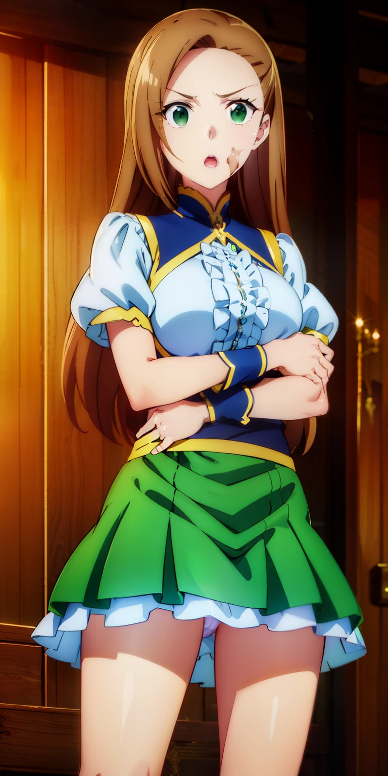 (((highest quality))), ((super detailed)),katalina、 ((illustrinion)), ((messy hair)), ((frills)), super mini skirt、beautiful woman、sleeve less、beautiful breasts、しゃがんinる、spread legs、show whitepanties,Beautiful camel toe、(1 girl),(一人in),brown hair,cowboy_shot,crossed_arm,looking for_in_viewer,Open_mouth,simple_background,Are standing,rining:Safety,agriculture_clothing,green_Clothes,green_eye,((highest quality))), ((super detailed)), ((illustrinion)), ((messy hair)), ((frills)), (1 girl),(一人in),,cowboy_shot,crossed_arm,looking for_in_viewer,Open_mouth,simple_background,Are standing,rining:Safety,agriculture_clothing,green_Clothes,green_eye,