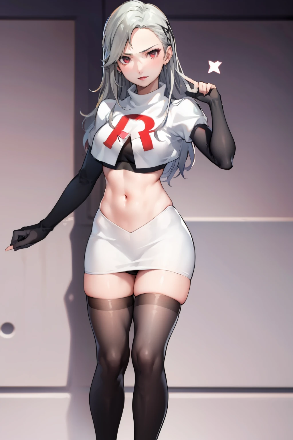 SaeP5, 1girl, team rocket uniform, red letter R, white skirt,white crop top,black thigh-highs,black elbow gloves