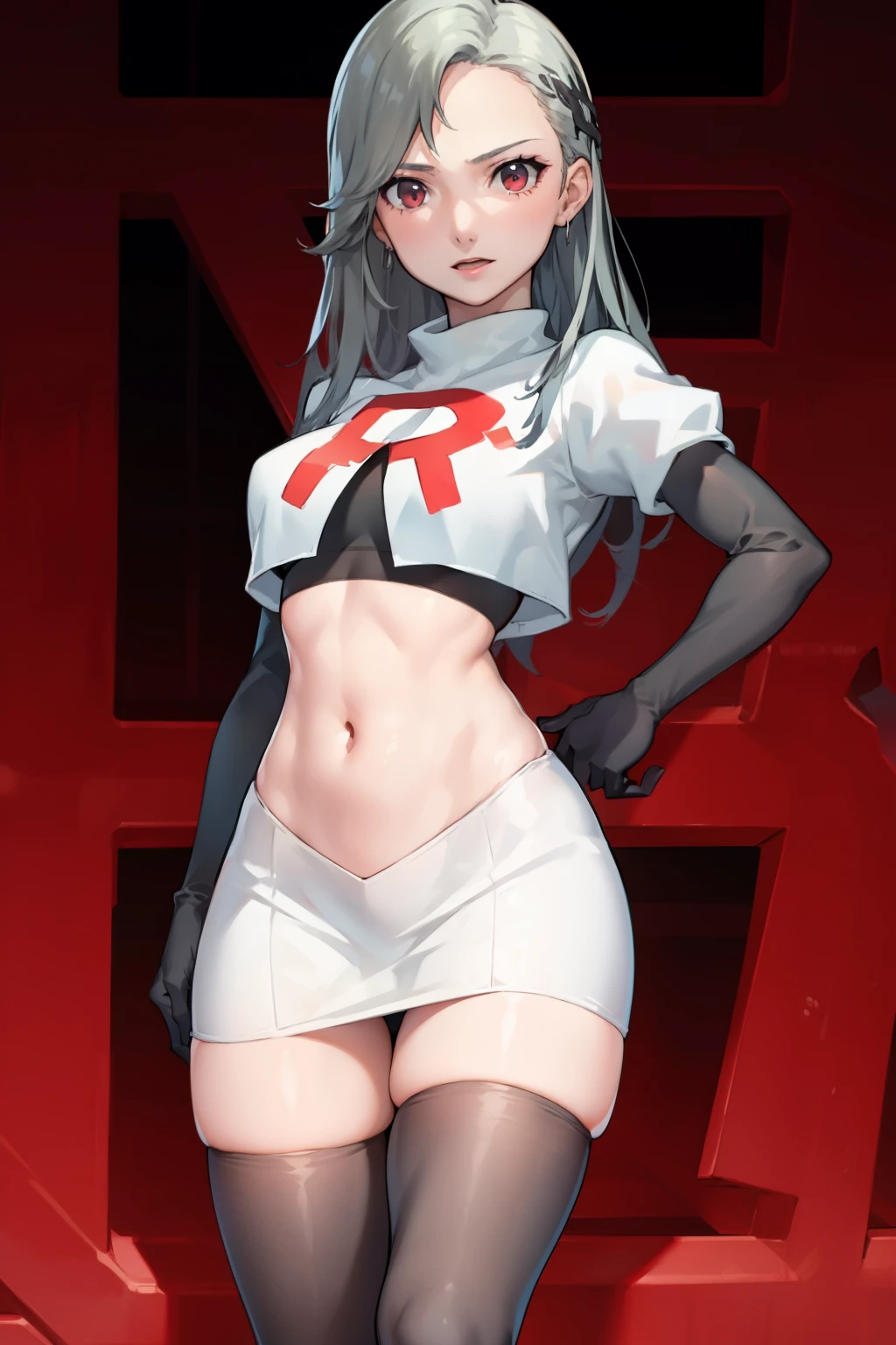 SaeP5, 1girl, team rocket uniform, red letter R, white skirt,white crop top,black thigh-highs,black elbow gloves