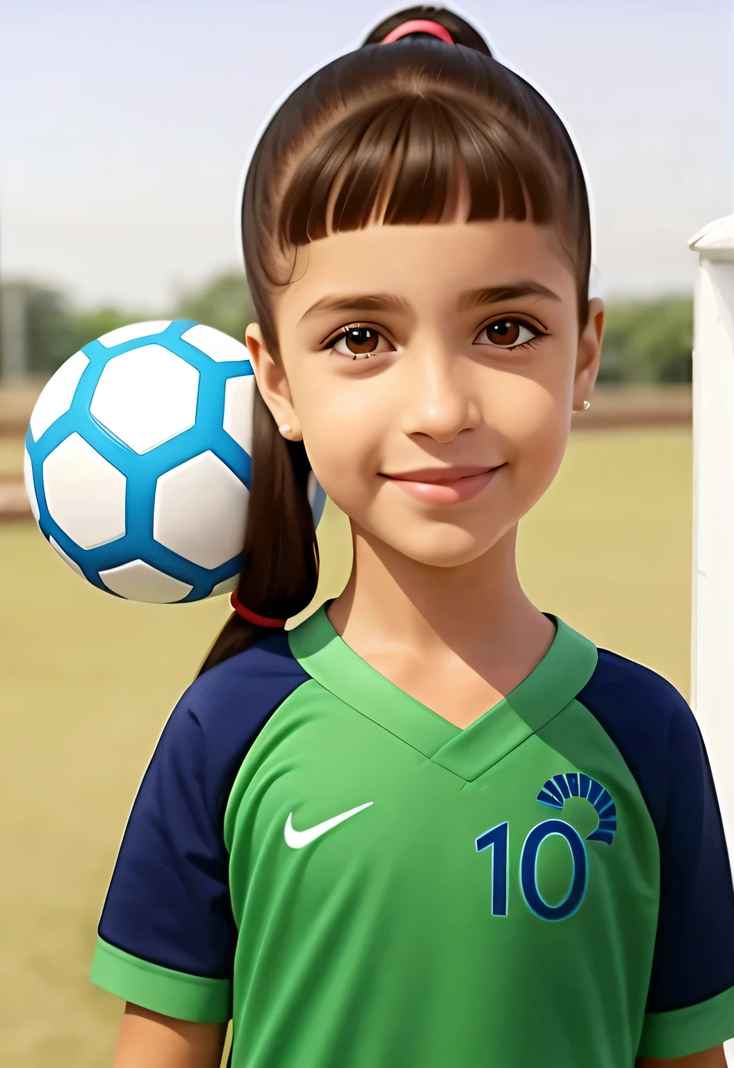 ponytailed girl with ponytail holding a soccer ball in front of her head, closeup foto de retrato, detailed foto de retrato, close up foto de retrato, uhd rostos realistas, filmagem em close, foto de retrato, pintado digitalmente, imagem de perfil, realistic representation, foto de moda retrato, 8k virtuais, close - up foto de retrato, vestindo um uniforme de futebol escolar