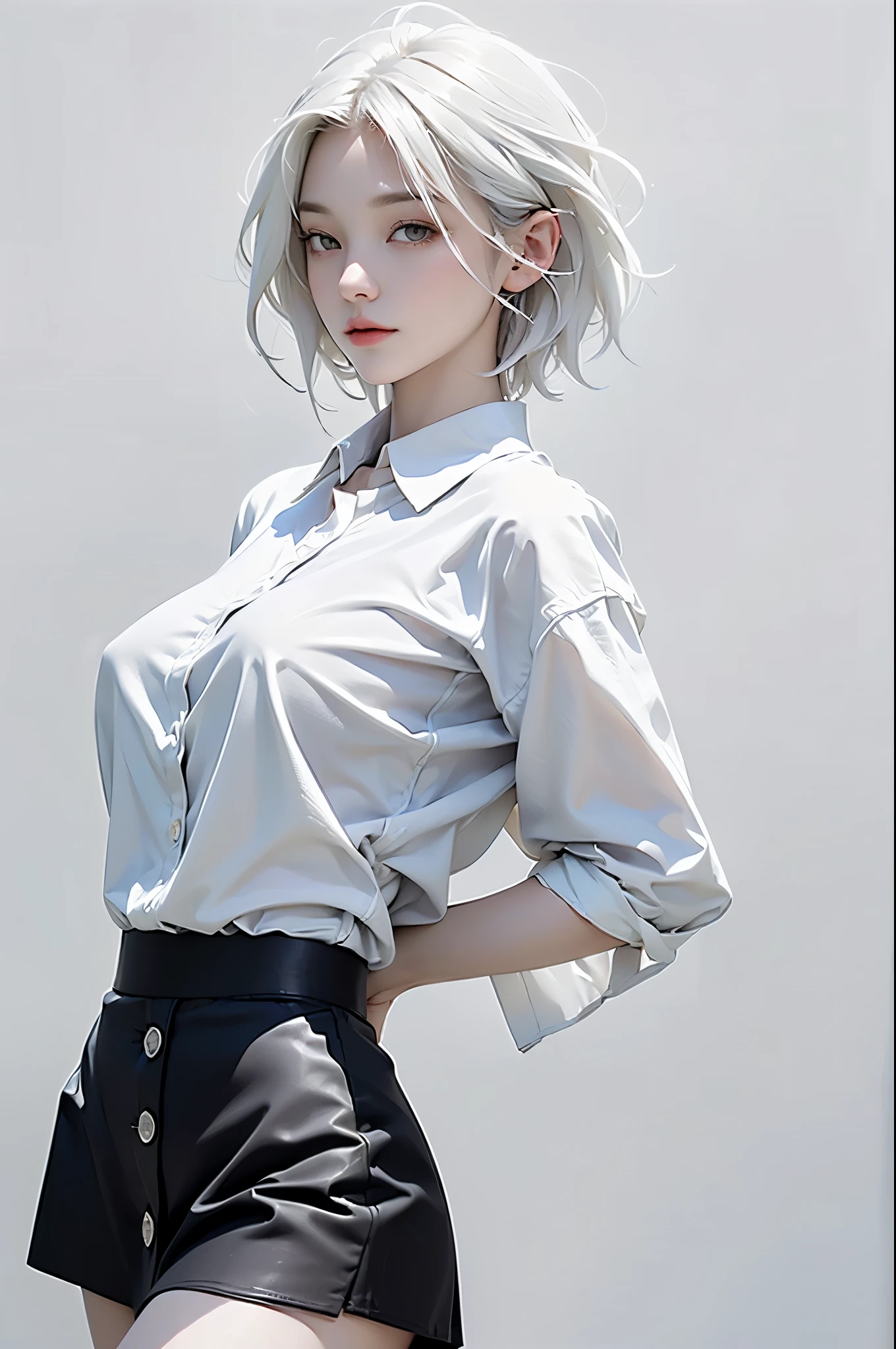 ((masterpiece, best quality)), (1 girl), (alone), (female focus), (ahog, white hair, short hair), black eyes, ((White shirt), (button shirt)), ((black skirt), (short skirt)), permanent, White background, Put your arms behind your back,(huge breast)