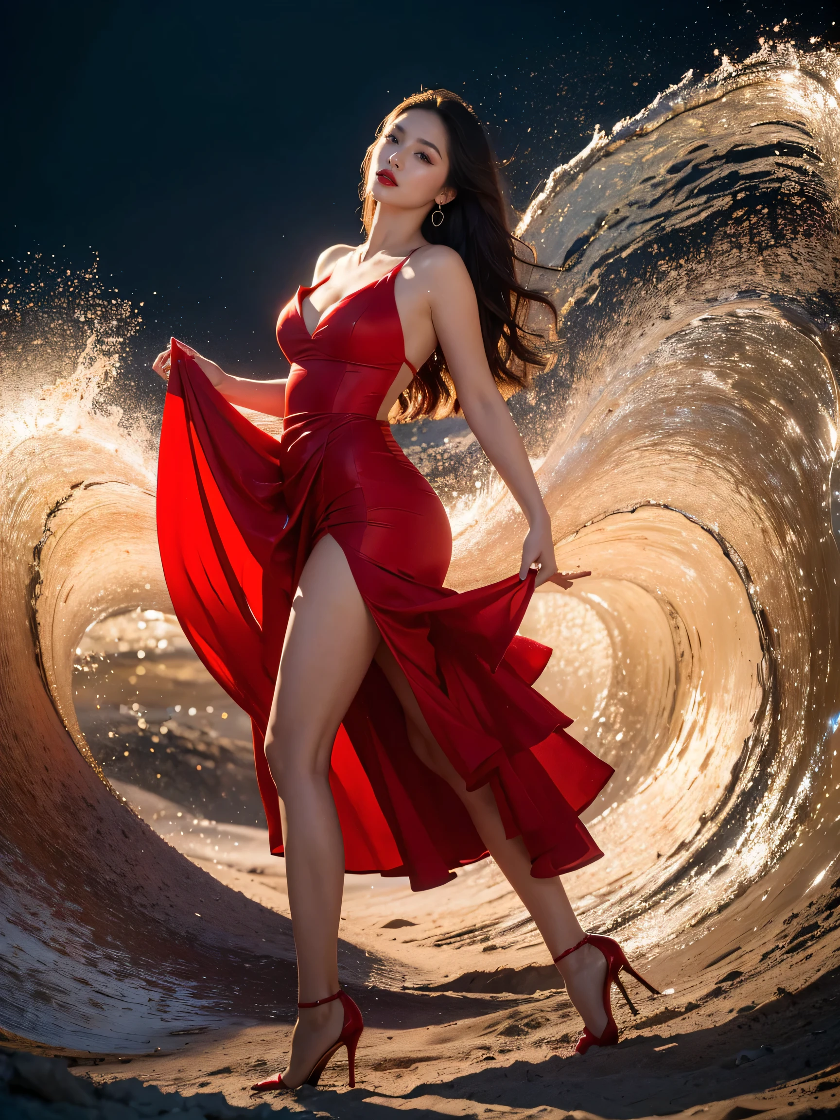 best quality,masterpiece,ultra high resolution,(actual:1.4),original photo,ultra high definition,8K,there is a woman,fair skin,Exquisite makeup,red lip big wave,Red dress,High heel,long legs,Bright and beautiful