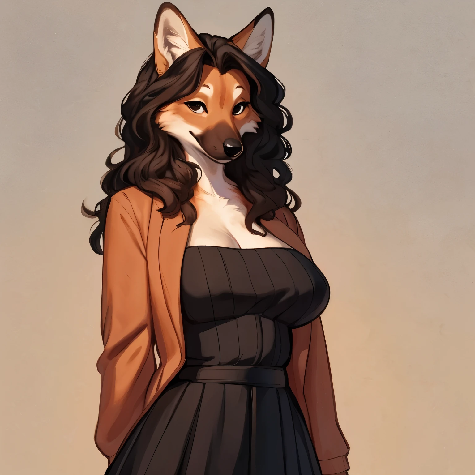 By meesh, by bebebebebe, by spuydjeks, by mellonbun, solo, female, standing, canine, (snout, wavy hair), smiling, looking at viewer, hands behind back, big breasts, maned wolf, (designer clothes, armani)