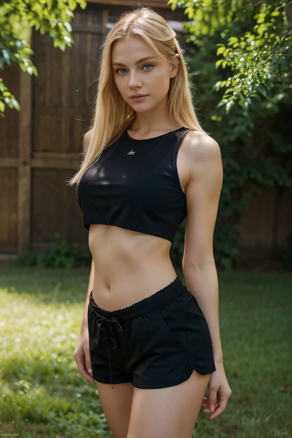 a portrait of a blonde woman, blue eyes, slavic features, wearing a sexy black short and green top, outdoors, full body, perfect detailed eyes