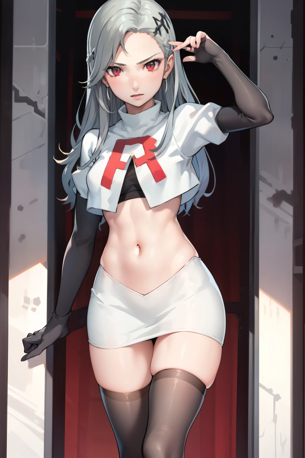 SaeP5, 1girl, team rocket uniform, red letter R, white skirt,white crop top,black thigh-highs,black elbow gloves