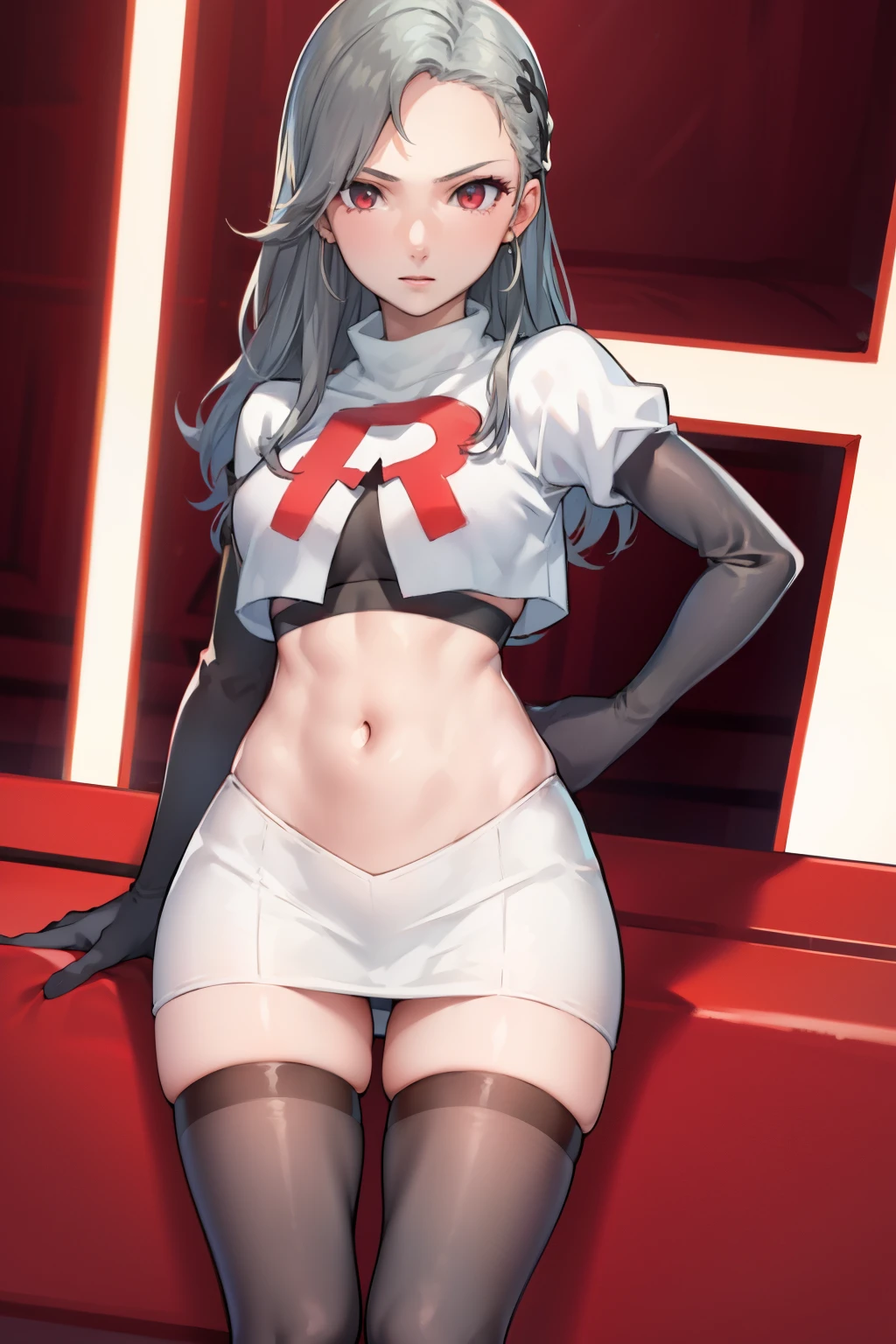 SaeP5, 1girl, team rocket uniform, red letter R, white skirt,white crop top,black thigh-highs,black elbow gloves