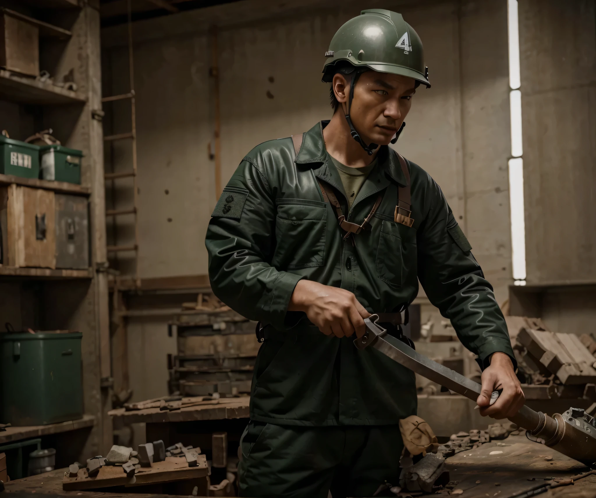 ingeniero masculino, cara china, casco de metal, serious expression, mono gris verdoso, guantes de cuero negro, cinturones de herramientas, el esta sosteniendo una cuerda, he is in a military construction zone, 4k, ultra detallado image, Realista, muy detallado, perfect composition, gorgeous, Intrincadamente detallado, incredibly detailed, 8 k artistic photography, hiper detallado, obra maestra, ultra detallado, hyper Realista, 4k, ultra detallado image, Realista, muy detallado, perfect composition, gorgeous, Intrincadamente detallado, incredibly detailed , 8K fine art photography, hiper detallado, obra maestra