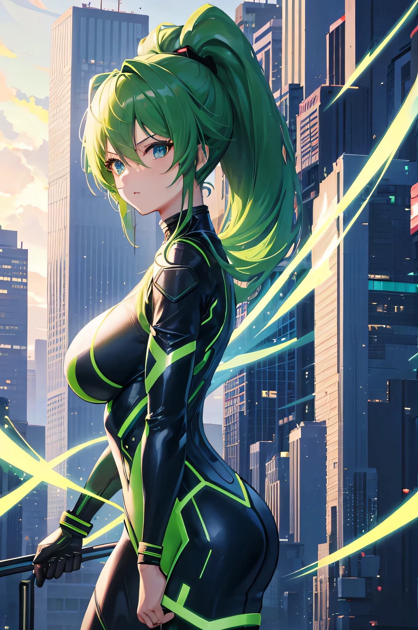 4K,High resolution,one woman,green hair,long ponytail,blue eyes,big breasts,ninja,tight cyber suit,cyber visor,Cyber Blade,city of the future,sky at night