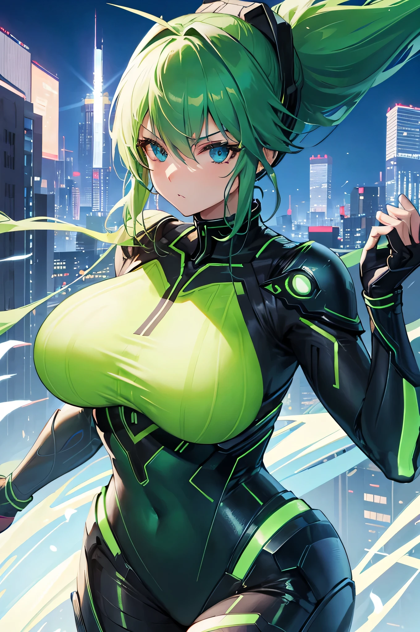 4K,High resolution,one woman,green hair,long ponytail,blue eyes,big breasts,ninja,tight cyber suit,cyber visor,Cyber Blade,city of the future,sky at night