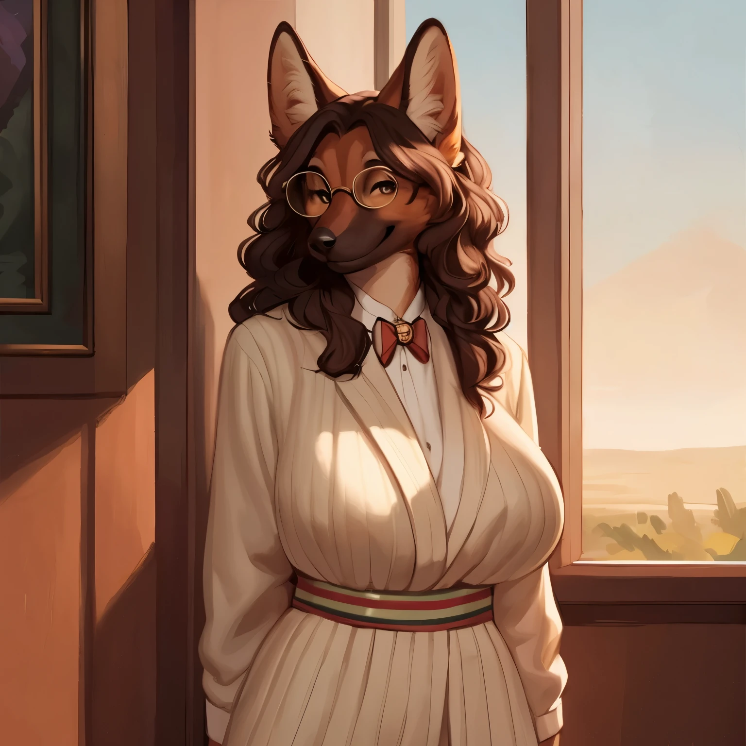 By meesh, by bebebebebe, by spuydjeks, by mellonbun, solo, female, standing, canine, (snout, wavy hair), smiling, looking at viewer, hands behind back, big breasts, maned wolf, (glasses, designer clothes, gucci)