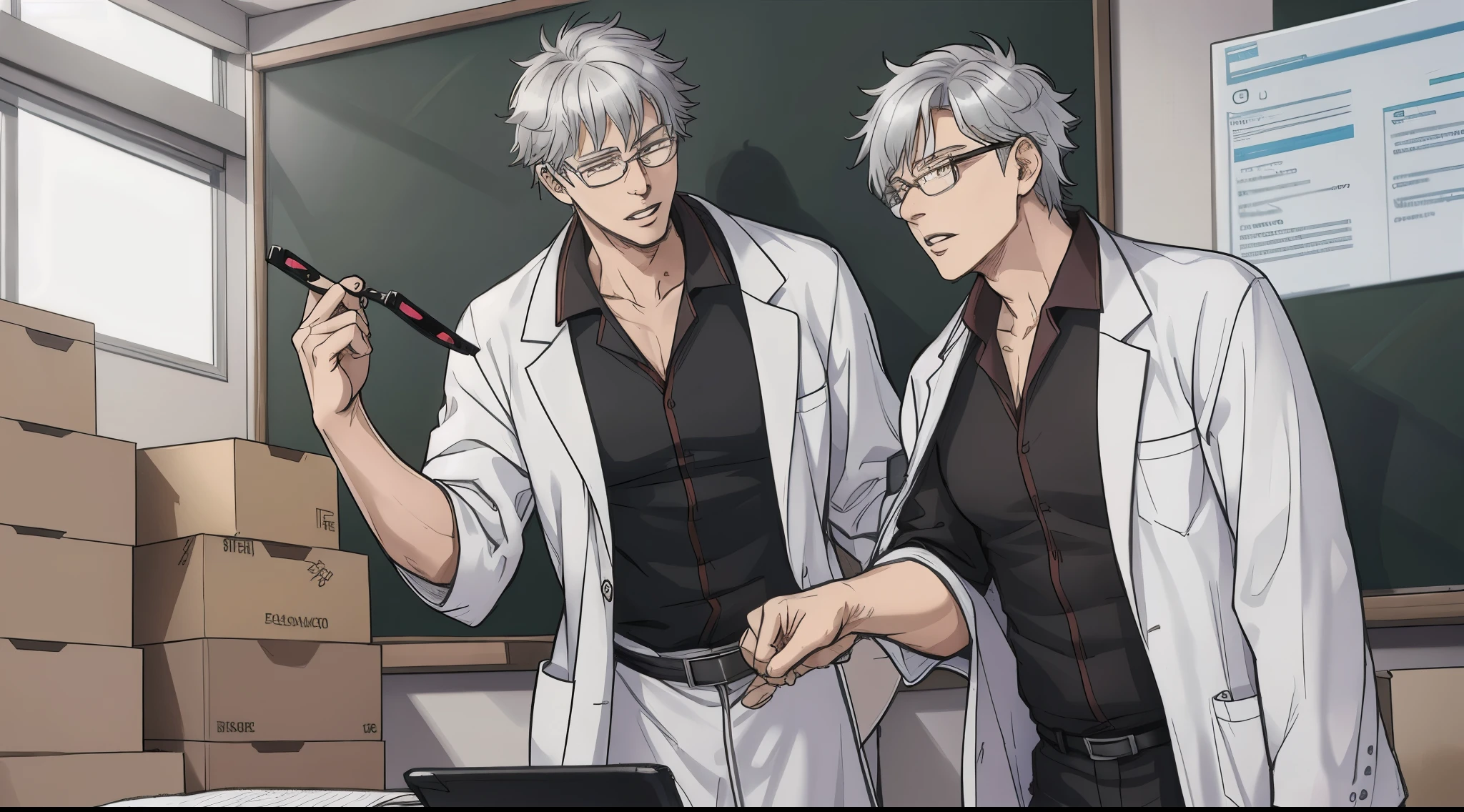 Silver haired teacher wearing lab coat and medical glasses, he is talking and moving his lips