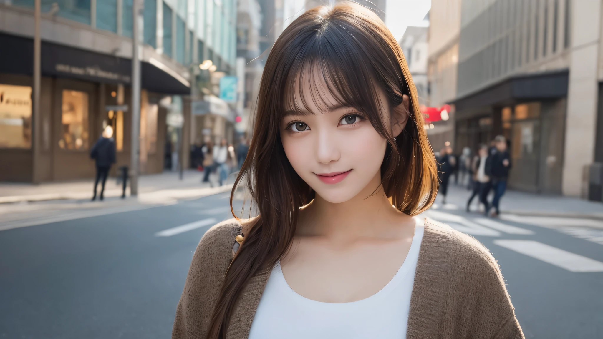 masutepiece, Best Quality, Illustration, Ultra-detailed, finely detail, hight resolution, 8K Wallpaper, Perfect dynamic composition, Beautiful detailed eyes, doress,Medium Hair, mid-chest, Natural Color Lip, Random and sexy poses,Smile,Aoyama Street Walk、20 years girl