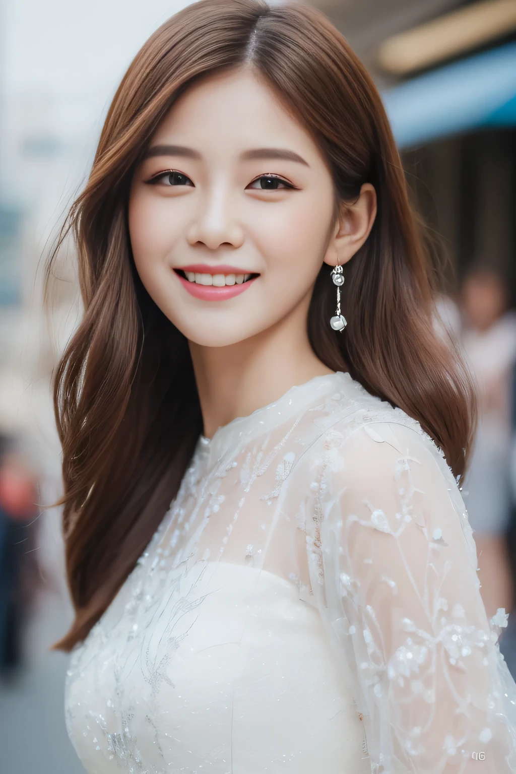 ((highest quality, 8K, masterpiece :1.3)), 1 girl, smile, whole body, slim face, Beautiful woman, (dark brown hair), White full-length dresses :1.1, super detailed face, fine eyes, double eyelid, blur background, slim face, city, outside, street,