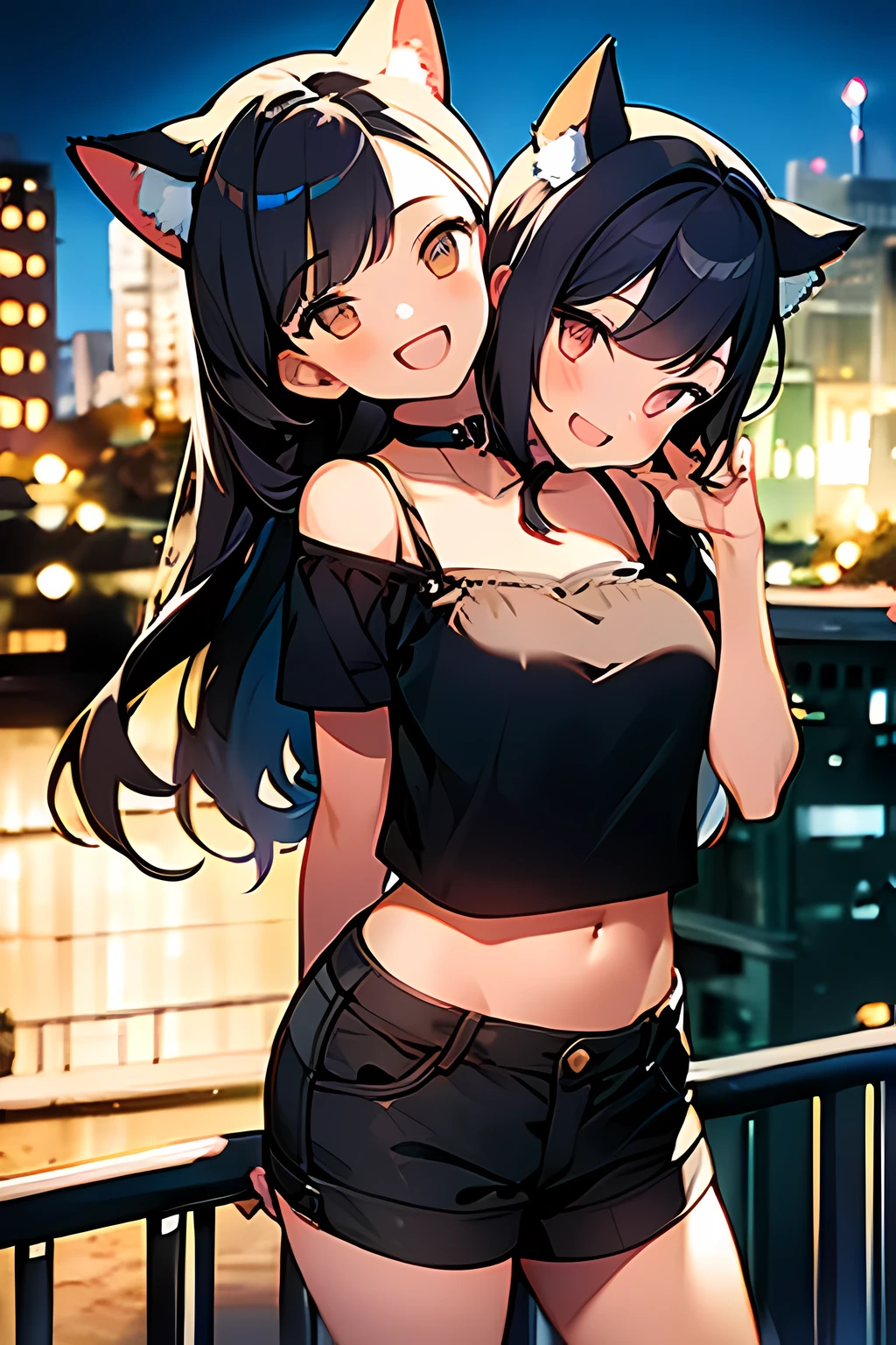 1 girl with 2 heads, a woman with two heads, obra de arte, melhor qualidade, orelhas de gato, shorts, fundo da cidade, sorriso, boca aberta