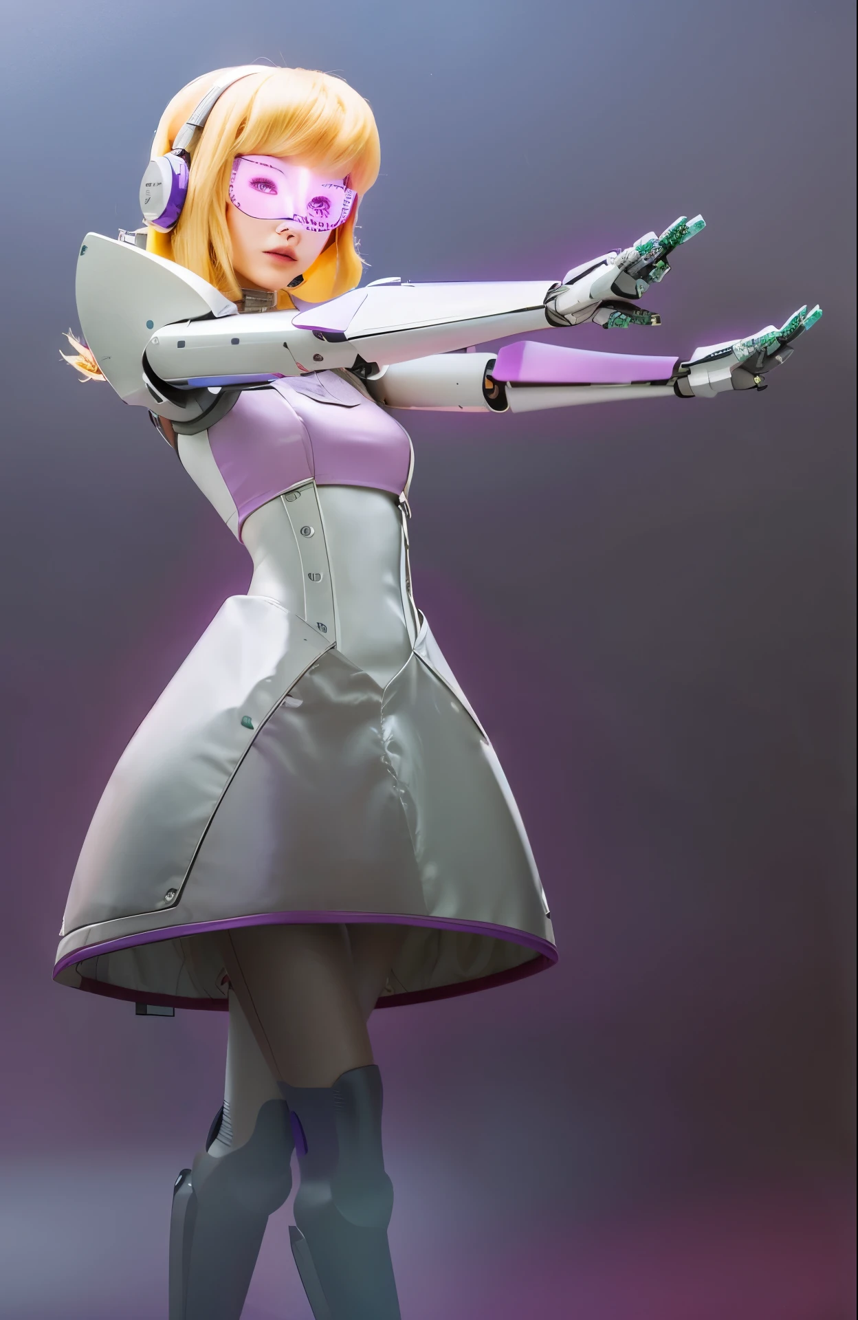 A woman in futuristic robotic armor. She is zombie walking. The armor has large shoulder plates and a dress. The armor covers her neck. She wears a transparent purple visor. She wears purple headphones with an antenna. She has no expression on her face. She wears a skin-tight silver and purple bodysuit