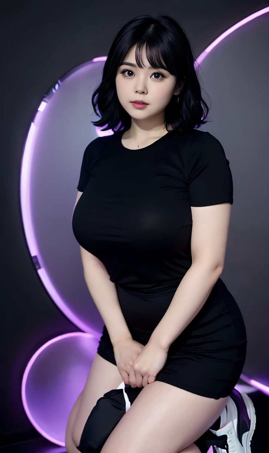A beautiful beauty, wavy black hair, big eyes, round face, dress, tight purple skirt, sneakers , slightly fat, plump and sexy, delicate facial features, on the black room, black room, dark room, HD, high quality, the best picture quality, chubby body, bob haircut