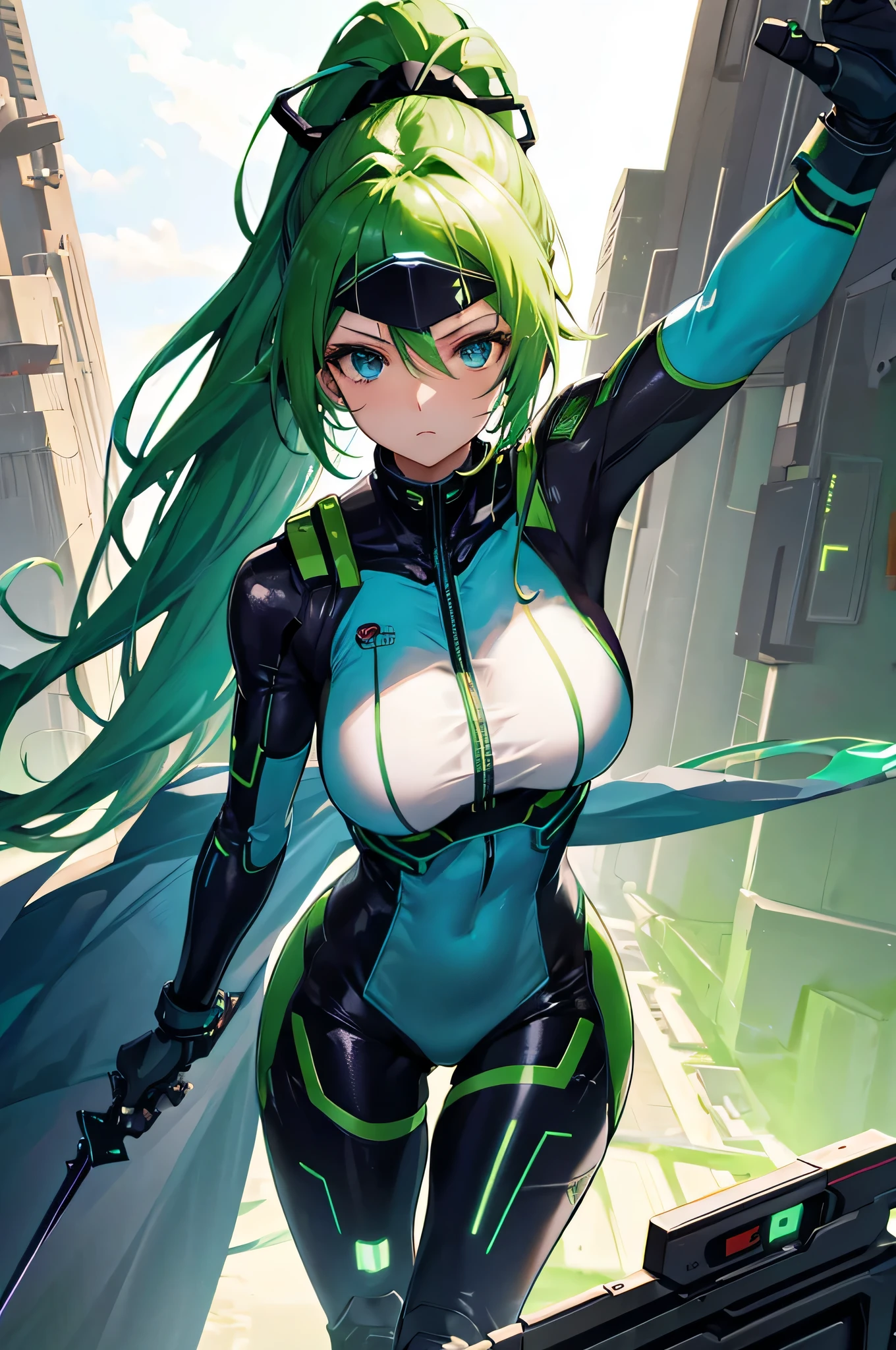 4K,High resolution,one woman,green hair,long ponytail,blue eyes,big breasts,ninja,tight cyber suit,cyber visor,cyber blade sword,city of the future,sky at night
