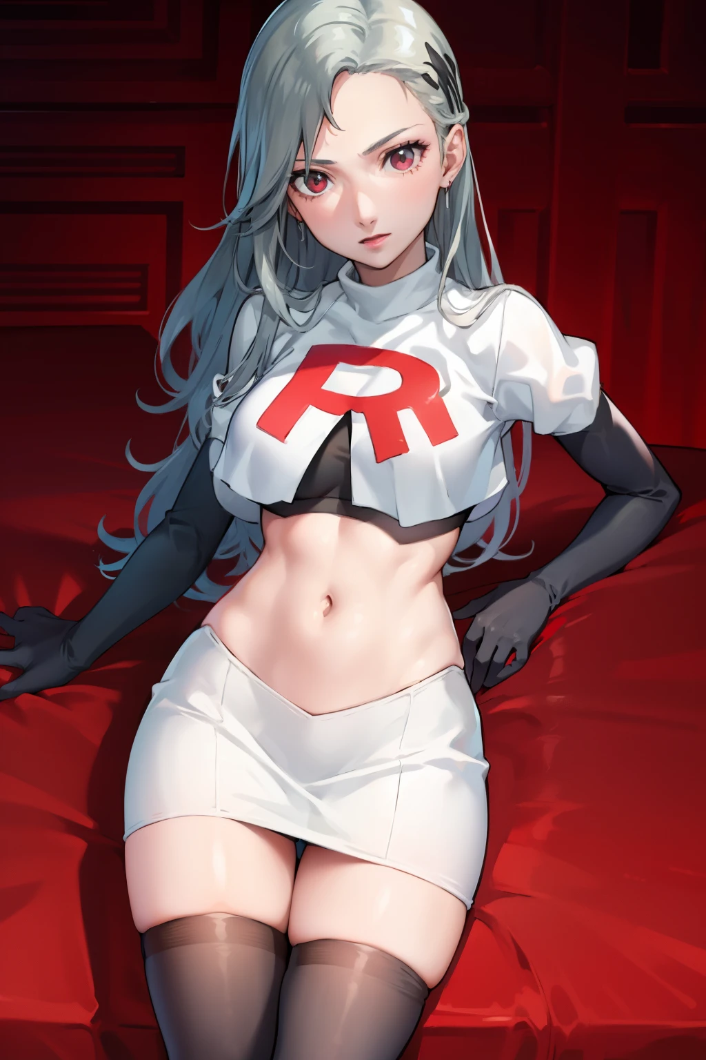 SaeP5, 1girl, team rocket uniform, red letter R, white skirt,white crop top,black thigh-highs,black elbow gloves