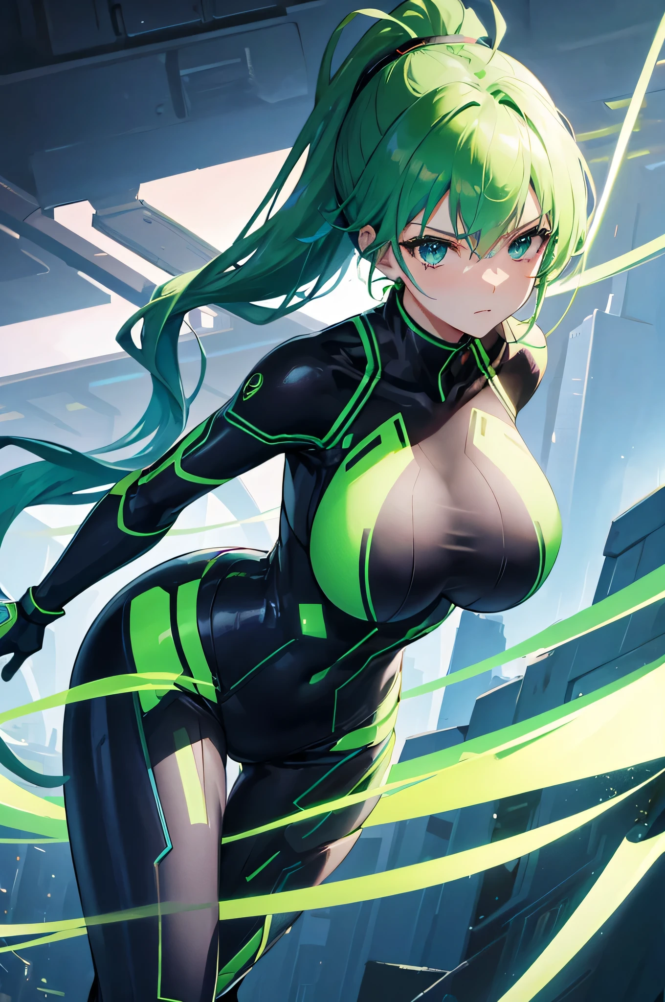 4K,High resolution,one woman,green hair,long ponytail,blue eyes,big breasts,ninja,tight cyber suit,cyber visor,cyber blade sword,city of the future,sky at night