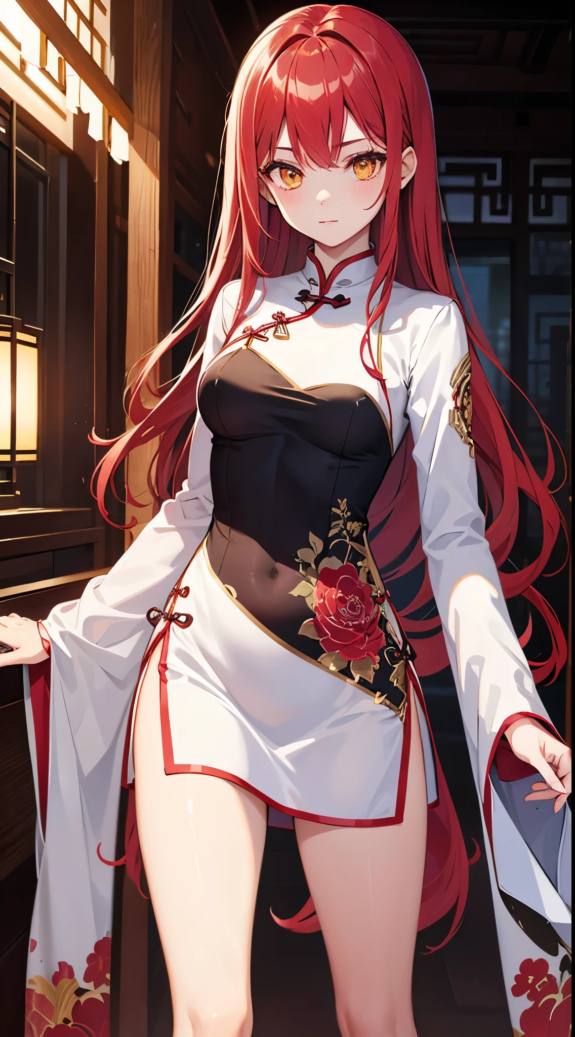 Young girl, long red hair, yellow eyes, white and red Chinese dress, tight dress, tight sleeves, tights, shorts, Chinese sword, masterpiece, high quality