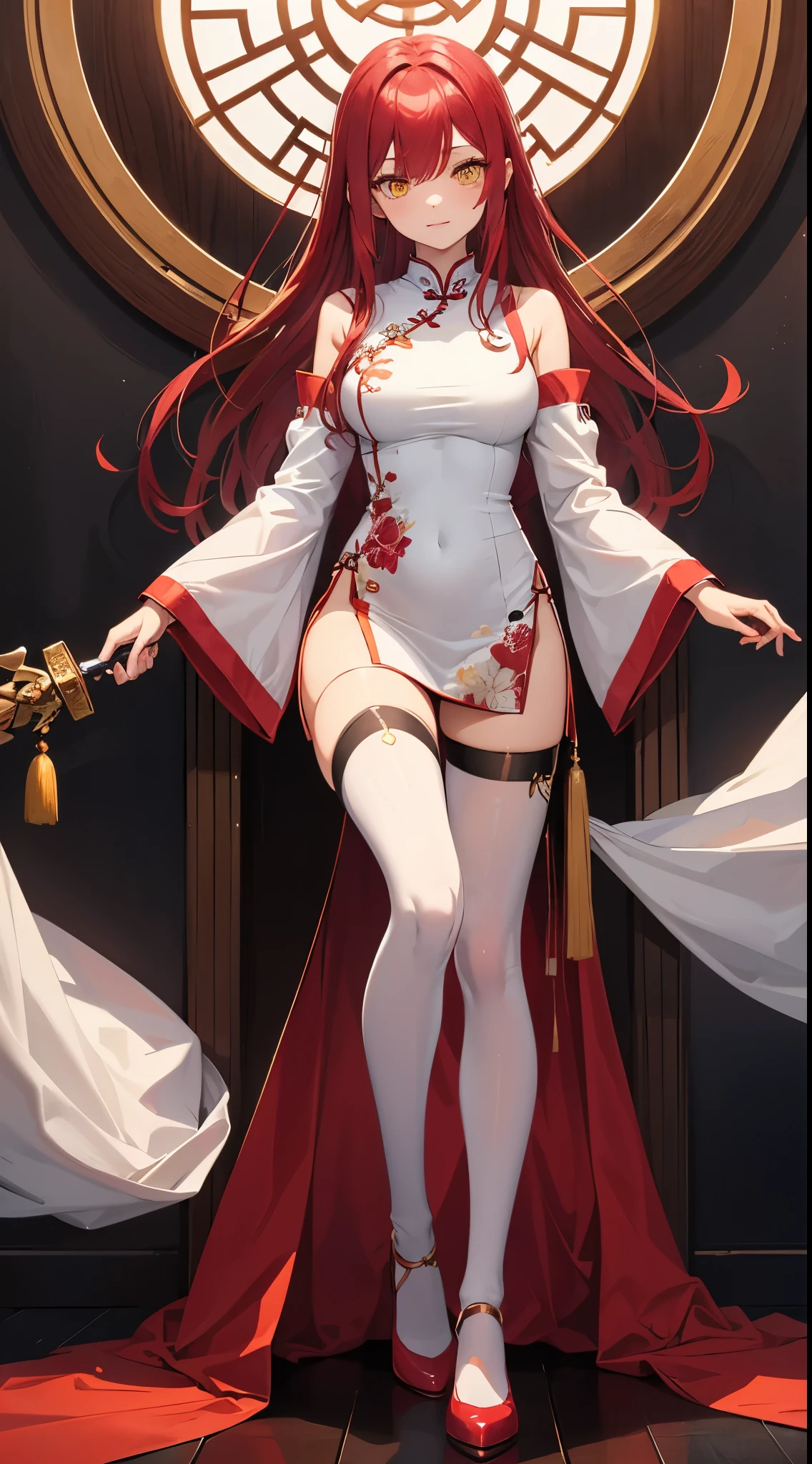 ((best quality)), ((masterpiece)), (detailed), 1girl, off-shoulder sweater, NSFW, small breasts, prominent collarbones, skinny arms, flat stomach, visible hip bones, long hair, ponytail, thick ponytail, heavy ponytail, red and white clothing, full body, whole body, body, NSFW, full body, whole body, head-to-toe NSFW