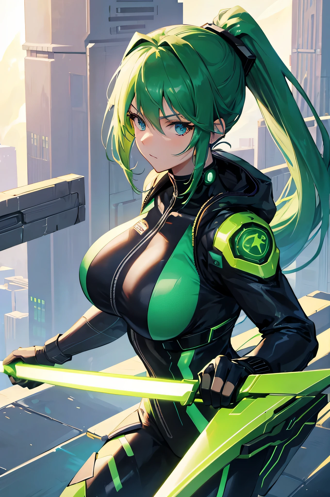 4K,High resolution,one woman,green hair,long ponytail,blue eyes,big breasts,ninja,tight cyber suit,cyber visor,cyber blade sword,city of the future,sky at night