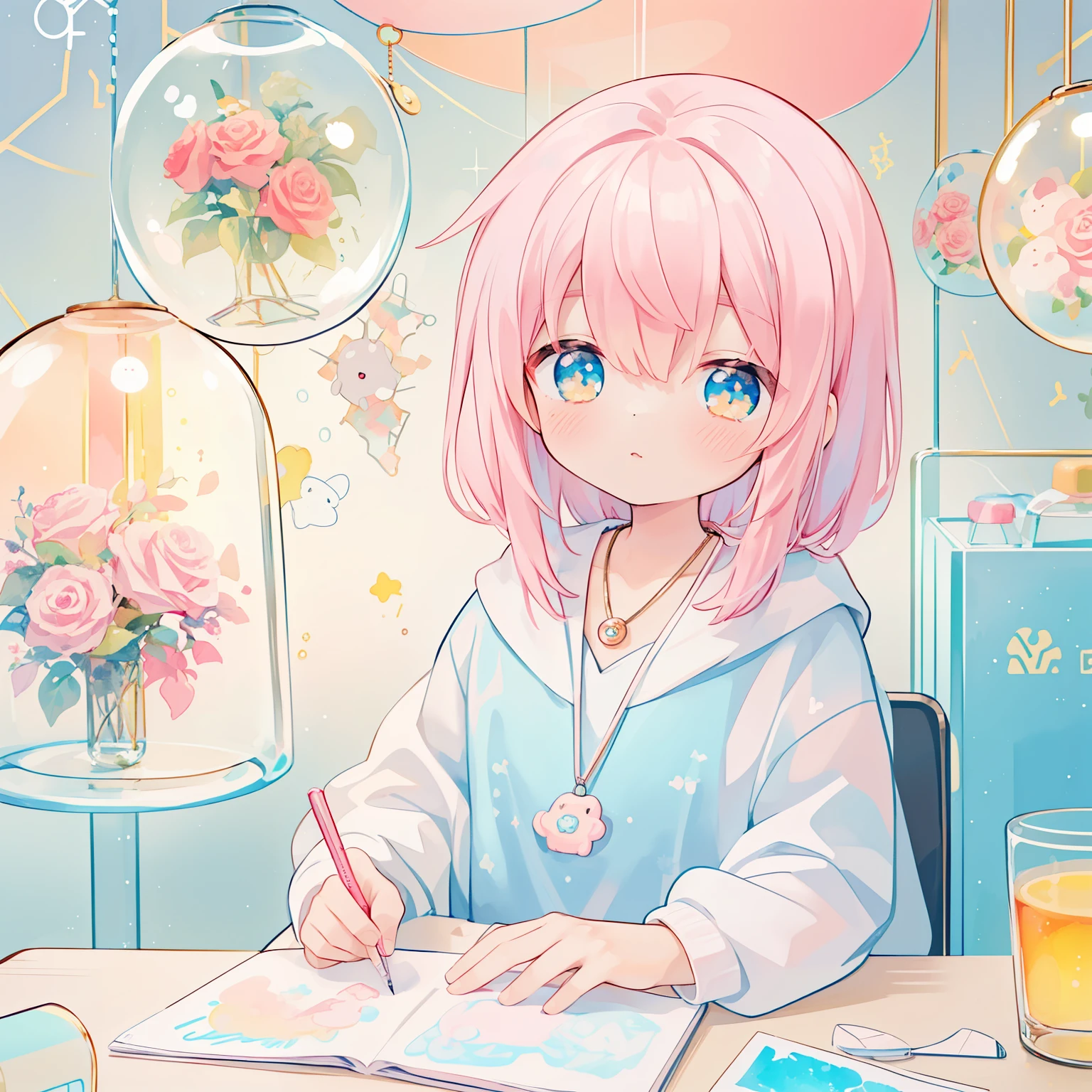(PastelColors:1.3)、(Cute illustration:1.3)、(watercolor paiting:1.1)、ちび(hyper photograph, circle pendant on the desk):0.9. (pendant painting: (cell anime, A cute cancer:0.8, an intensely shining cancer constellation that shines from itself, rests on my glass case. The background is roses at day light)):0.4