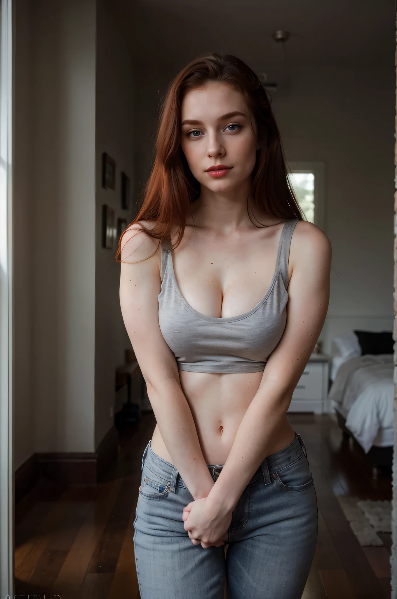 Photo Credits: Beautiful 24 Y.o Kathryn McClellan, medium length red hair, beautiful eyes, fine eyes, white skin, With confidence, casual, indoor, with a sense of superiority, (random freckles:0.2), Gray T-shirt, jeans, cleavage, Ingrown