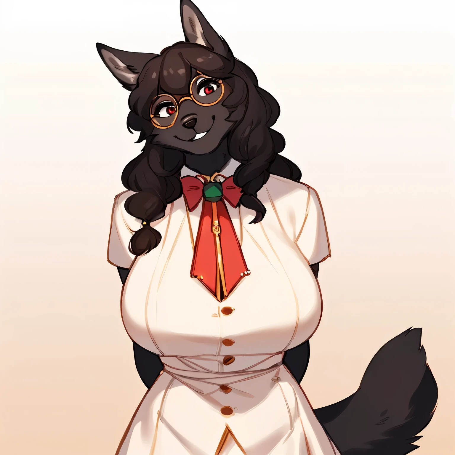 By meesh, by bebebebebe, by spuydjeks, by mellonbun, solo, female, standing, canine, (snout, wavy hair), smiling, looking at viewer, hands behind back, big breasts, black wolf, (glasses, designer clothes, gucci)