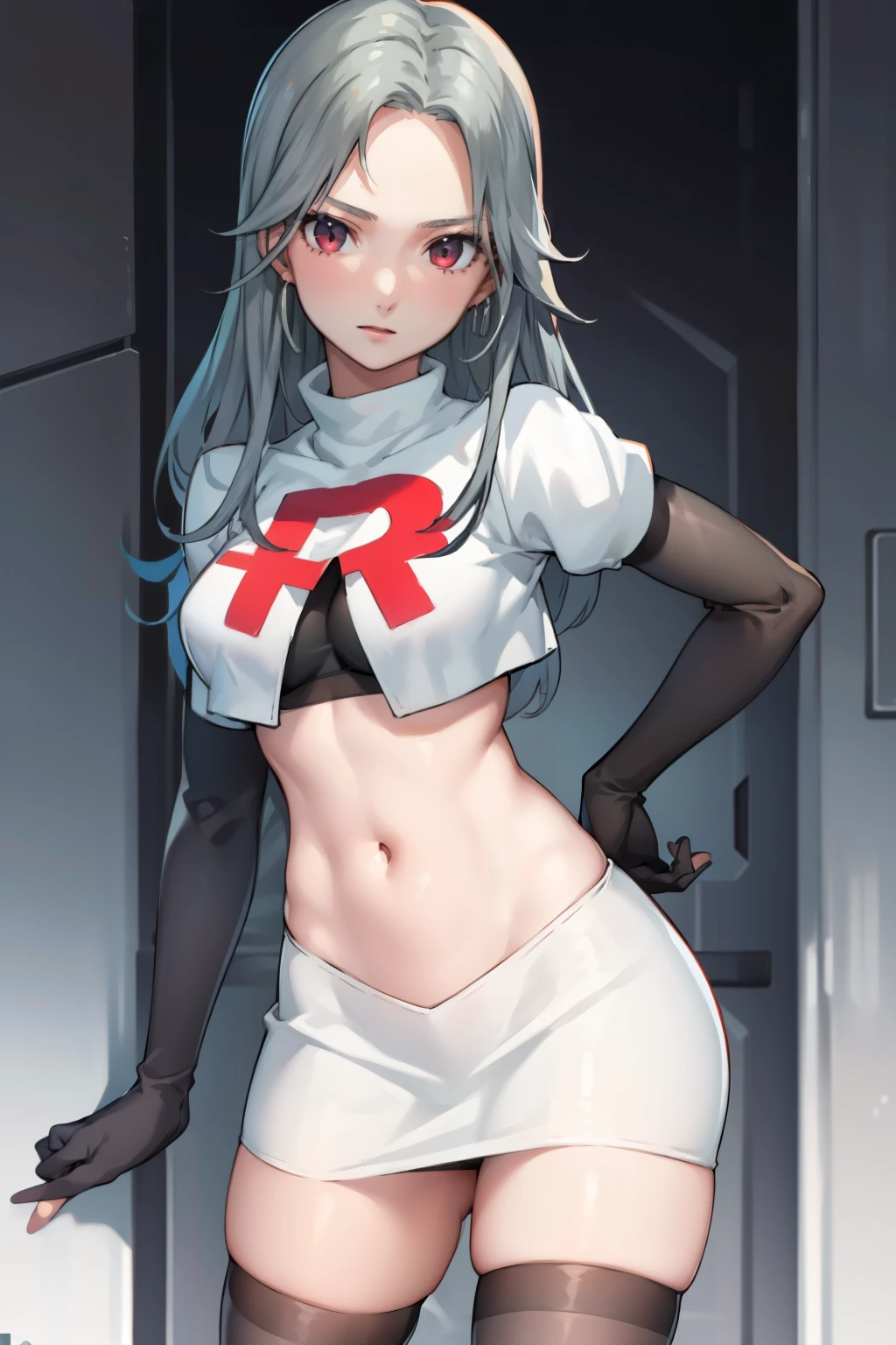 SaeP5, 1girl, team rocket uniform, red letter R, white skirt,white crop top,black thigh-highs,black elbow gloves