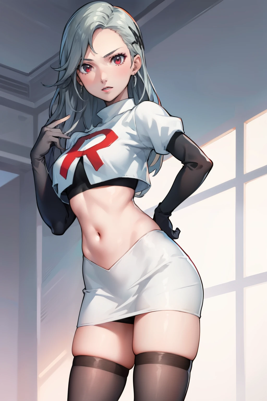 SaeP5, 1girl, team rocket uniform, red letter R, white skirt,white crop top,black thigh-highs,black elbow gloves