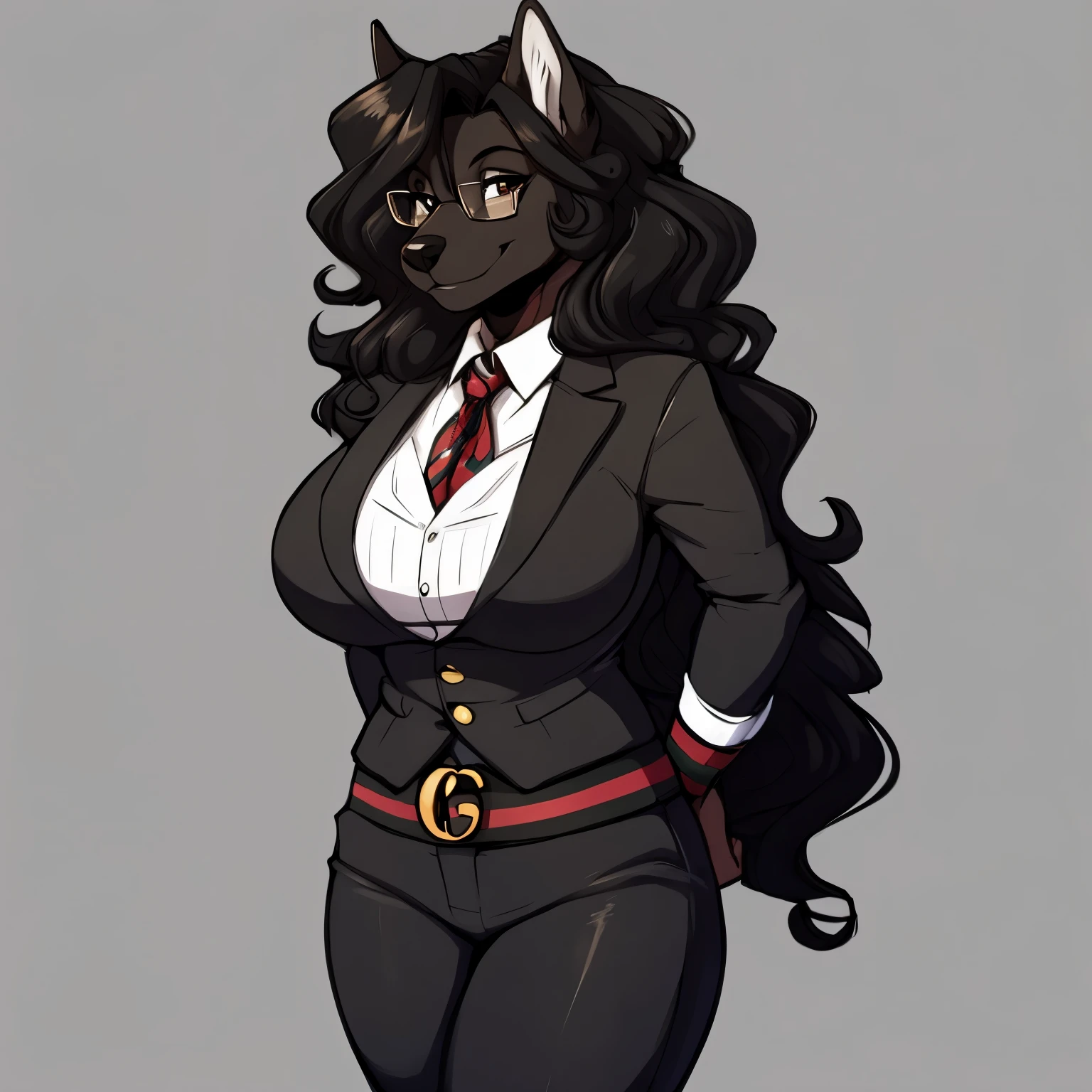 White Swiss Shepherd, female anthropomorphic dog, camisa social branca de manga longa, the shirt sleeves then rolled up to the elbows, luvas de couro pretas sem dedos, suspenders, gravata preta, 50s black jeans, ombros curtos, quadris largos, cintura fina, coxas grossas, cauda longa e fofa, (pele do corpo:1.2), white fur, cabelos longos e vermelho carmesim, uma franja cobre o olho esquerdo, batom vermelho, long eyelashes, Icy blue eyes, black fur around the eyes, (Melhor qualidade), (Gray monochrome background:1.2), (pele fofa detalhada:1.1), olhando para o espectador, seios grandes, orelhas brancas e triangulares, ((por Kilinah, de Coffeesoda, por Hioshiru, por Kilinah))