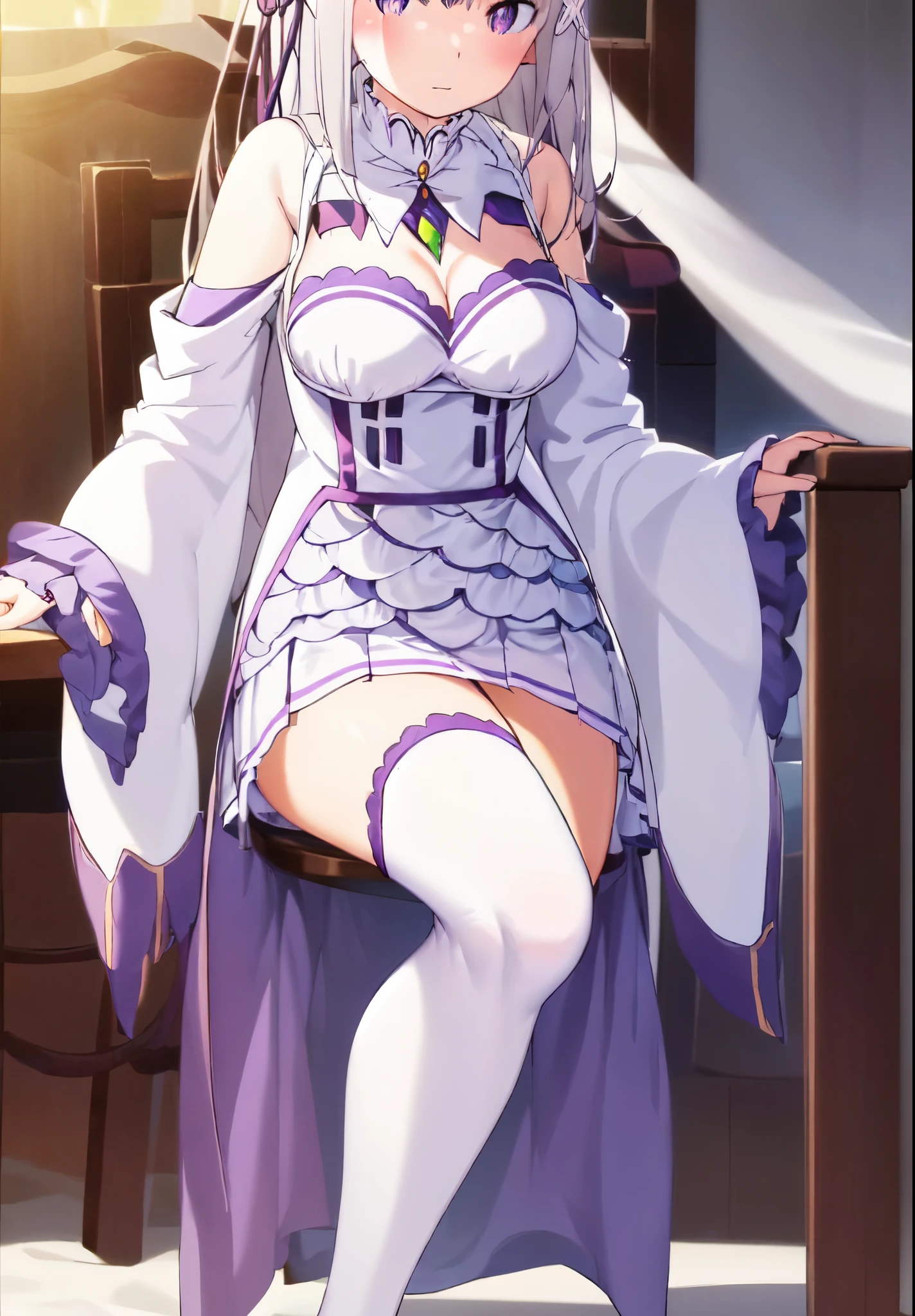 Emilia is sitting on a chair, raising her feet up, blushing