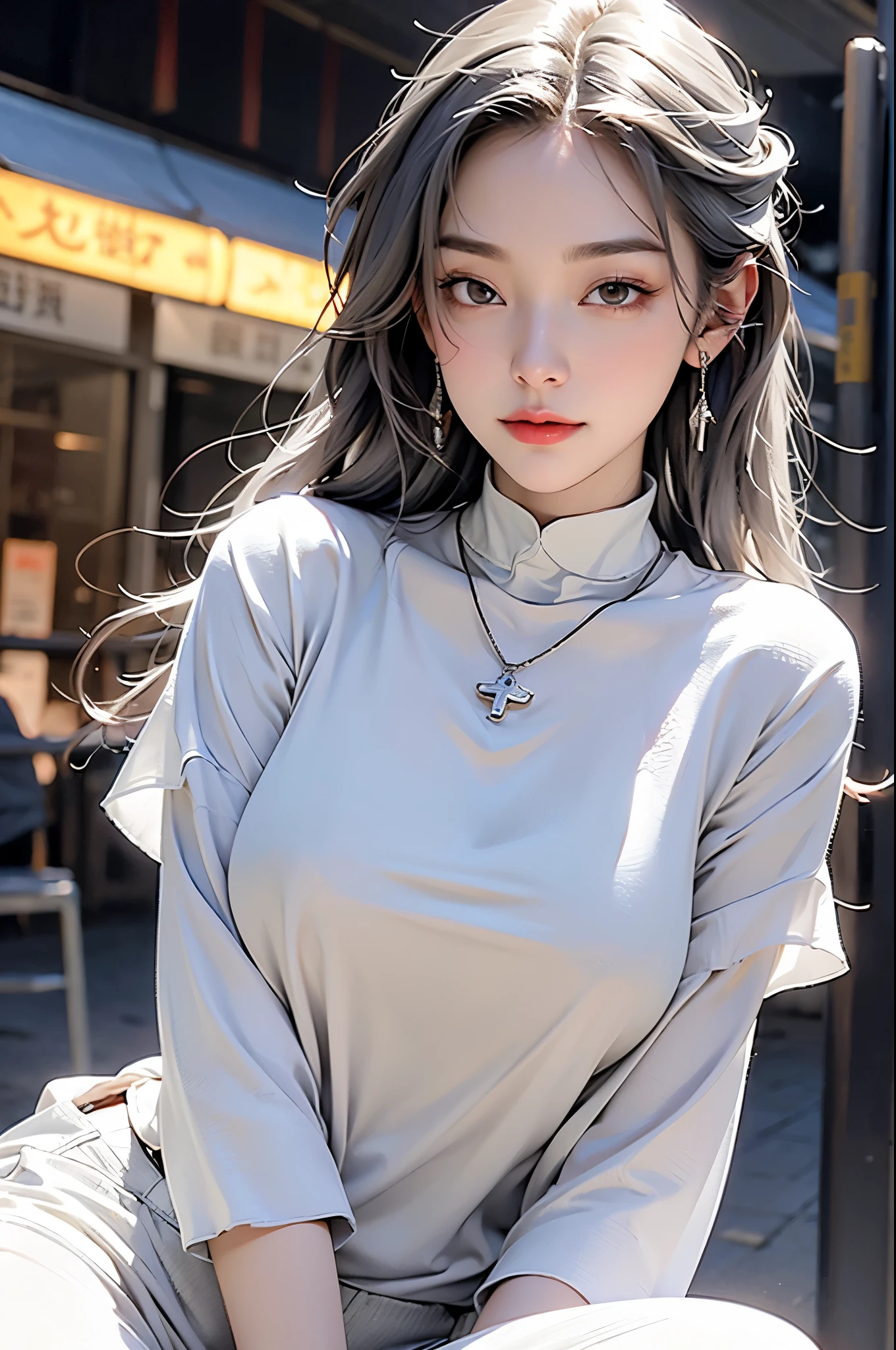 beautiful女孩大学生,masterpiece,Light makeup,red lips,silver hair,messy long hair,street background,beautiful,grace。Ultra-fine details,Work,Authentic texture,Realistic lighting,完美的Work,8k,HD,Exquisite facial features,White skinny turtleneck top,White skinny shorts,slim figure,big bright eyes,,earrings,necklace,tattoo is,(huge breast)