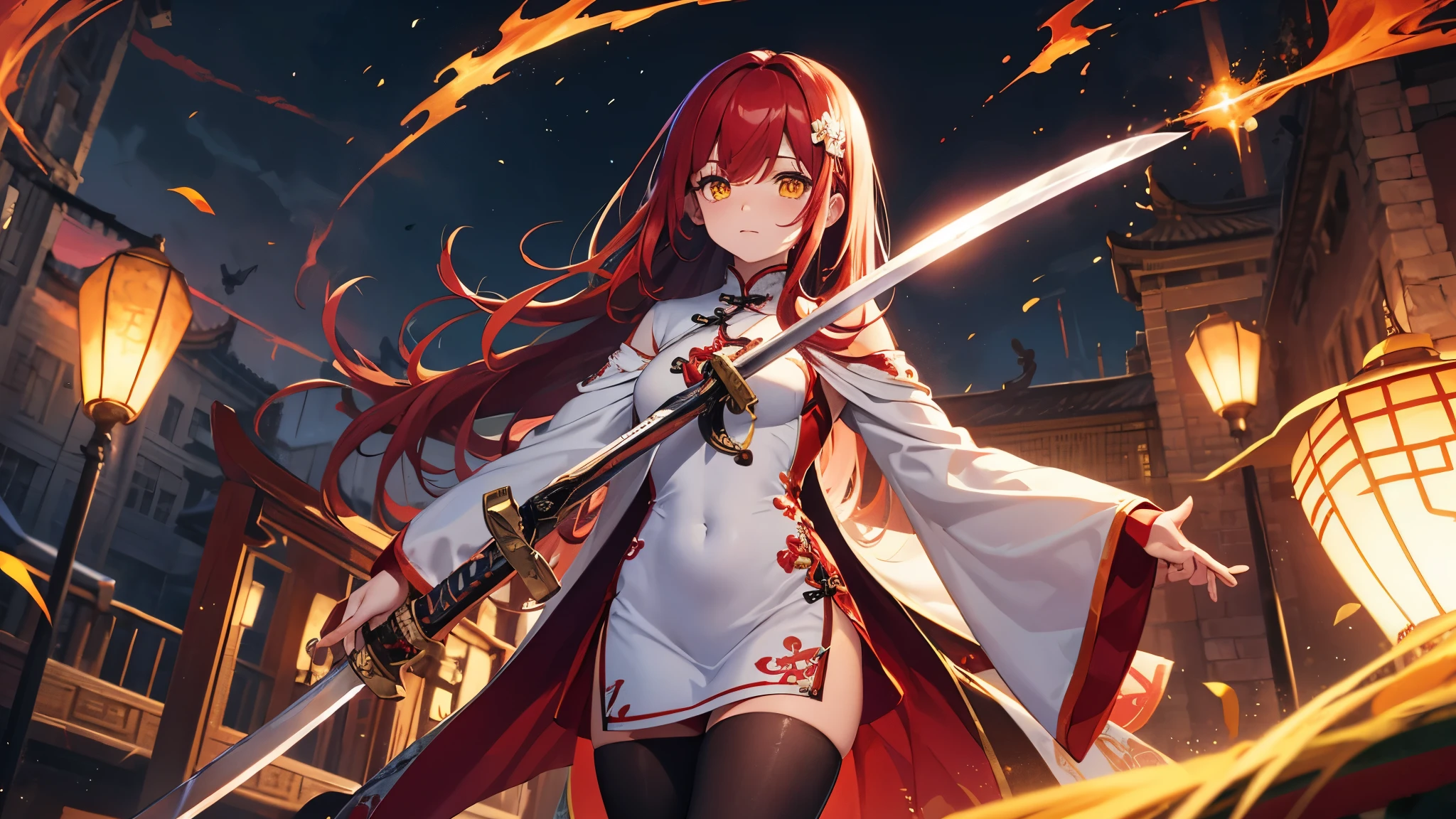 Young girl, long red hair, yellow eyes, white and red Chinese dress, tight dress, tight sleeves, tights, shorts, Chinese sword, masterpiece, high quality