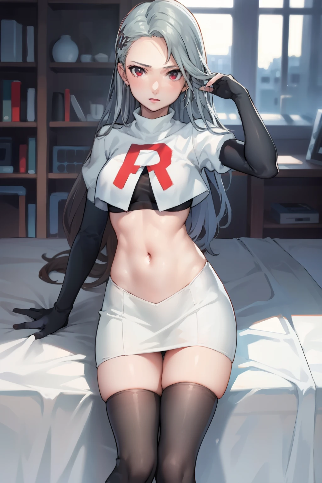 SaeP5, 1girl, team rocket uniform, red letter R, white skirt,white crop top,black thigh-highs,black elbow gloves