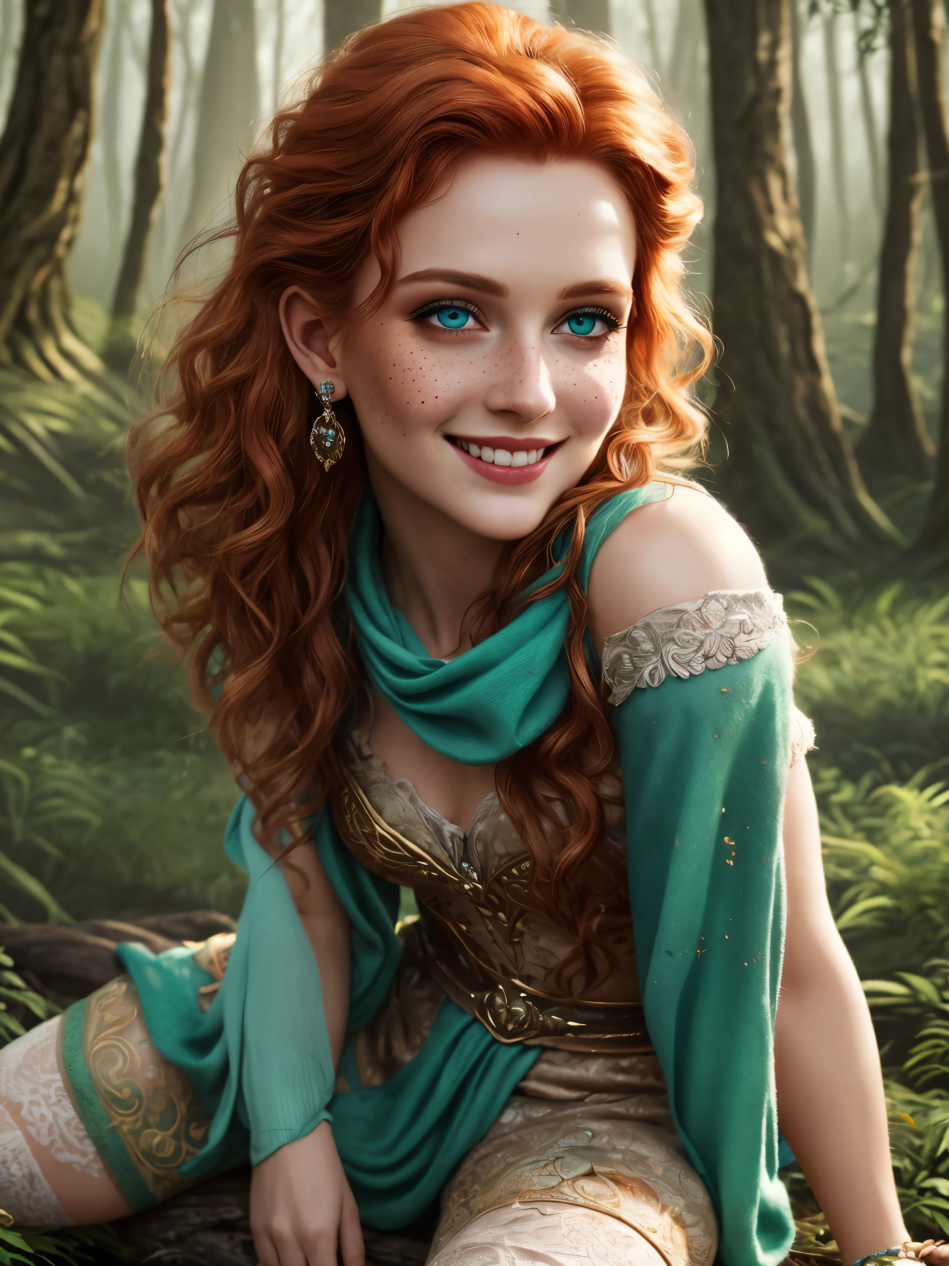 (Realistic:1.2), Photorealistic attractive beautiful woman with messy red hair, Blue eyes, small freckles, wear a long green scarf and green leg warmers, Princess Merida, brave, cute sexy, feminine pose, In the Forest of Fantasy, Cinematic lighting, Ethereal light, complex parts, extremely detailed, full color, complex parts, Insanely detailed and confusing, Fairytale atmosphere, Hyper maximalist, rich colors, Cinematic, smiling, bright colors, detailed beautiful eyes and perfect face, rim light, 16 thousand., Best quality