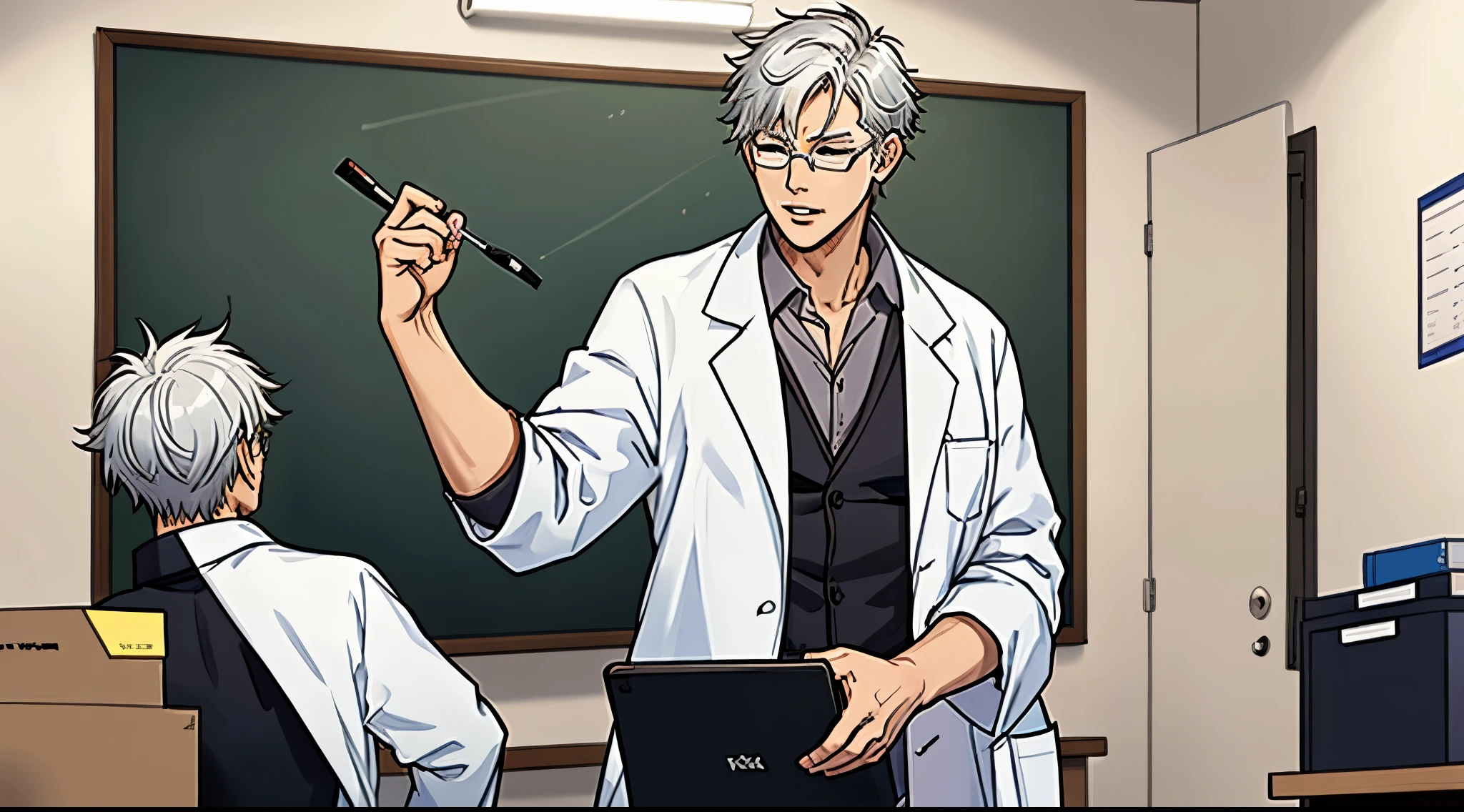 Silver haired teacher wearing lab coat and medical glasses, he is talking and moving his lips