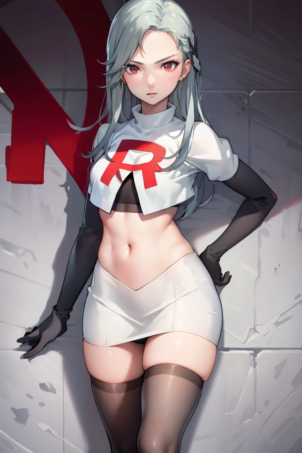 SaeP5, 1girl, team rocket uniform, red letter R, white skirt,white crop top,black thigh-highs,black elbow gloves