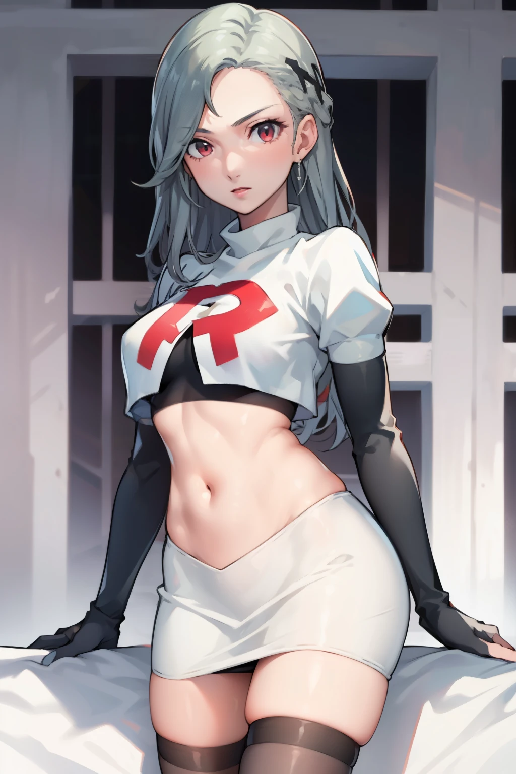 SaeP5, 1girl, team rocket uniform, red letter R, white skirt,white crop top,black thigh-highs,black elbow gloves