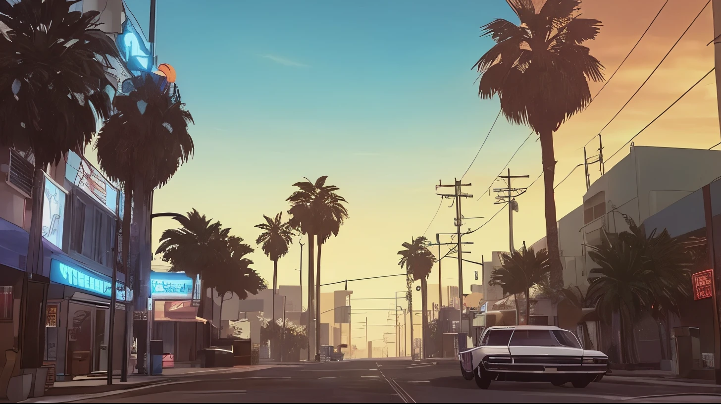there is a street with a lot of palm trees and a neon sign, gta v loading screen art, gta loading screen art, style of gta v artworks, 2d game art gta5 cover, art gta 5 comics, rockstar games art, gta art, 2d game art gta cover, 2 d game art gta cover, gta v art