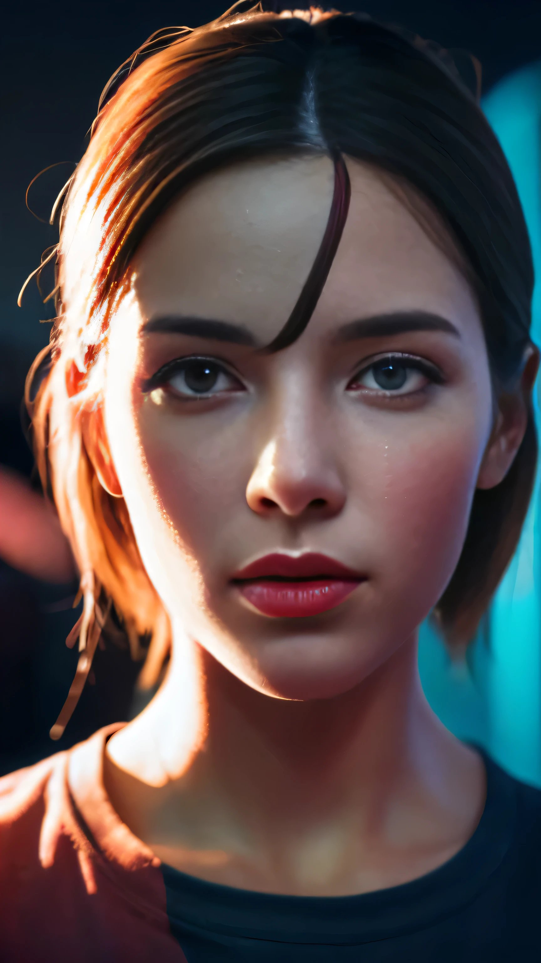 1girl, colorful theme, synthwave sky,(best quality, high quality, high resolution), realistic, ultra-detailed, highly detailed face features, absurdres,  realistic lighting and reflections, highly detailed face features, see through shirt, best photo,high quality illustration