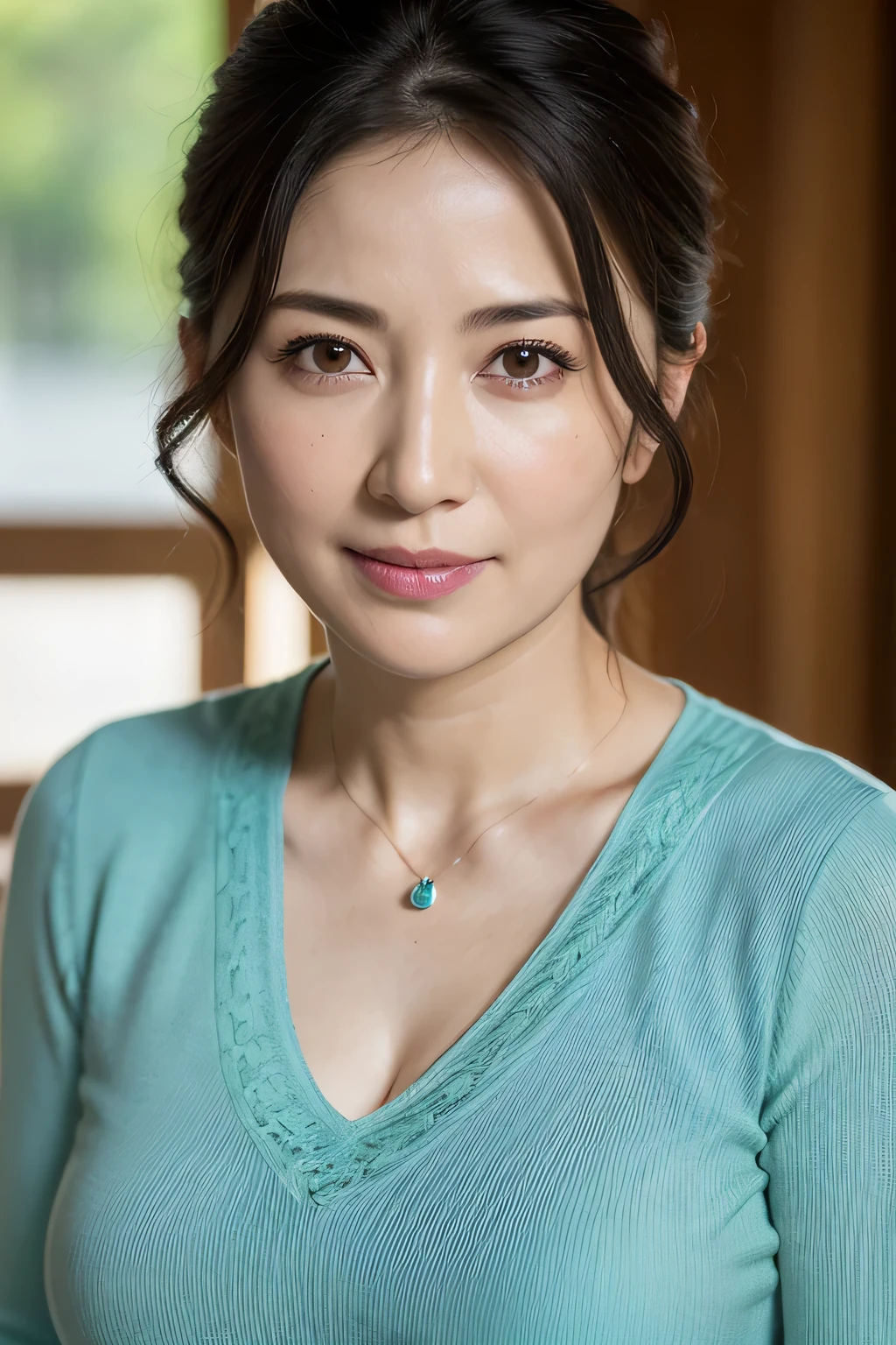 (In 8K, highest quality, masterpiece:1.2), (realistic, Photoreal:1.37), Super detailed, natural sunlight, , I can see the cleavage, 1 person, Female, 35 years old, black hair, meanwhile, Turquoise Light Knit V-Neck Shirt, highly detailed face and skin, fine eyes, highly detailed face and skin