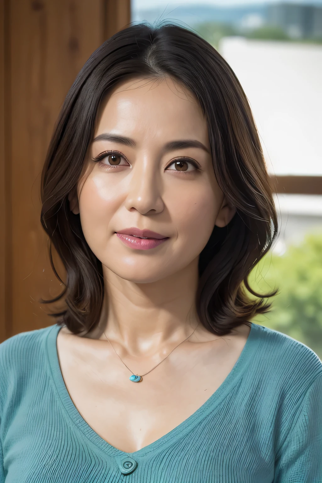 (In 8K, highest quality, masterpiece:1.2), (realistic, Photoreal:1.37), Super detailed, natural sunlight, , I can see the cleavage, 1 person, Female, 35 years old, black hair, meanwhile, Turquoise Light Knit V-Neck Shirt, highly detailed face and skin, fine eyes, highly detailed face and skin