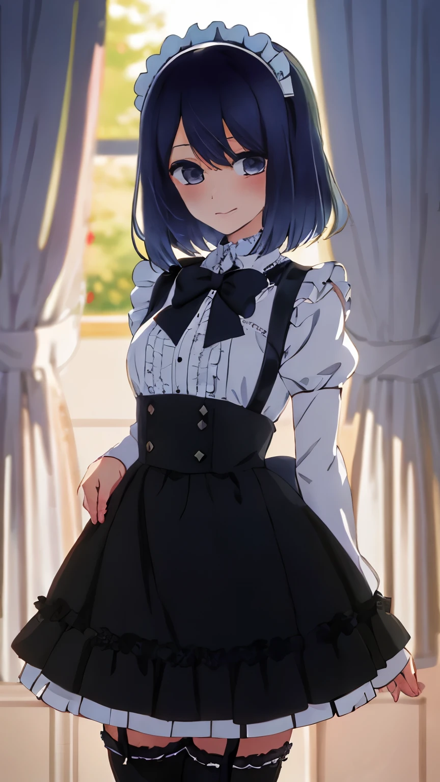 highest quality、8K、master piece、beautiful lighting, 1 girl, alone, Akane, frills, skirt, Gothic Lolita, Maid clothes, ((anime style))、((2D))、close your mouth、shy、thighs、head band、Smile、sexy、full body、garter belt