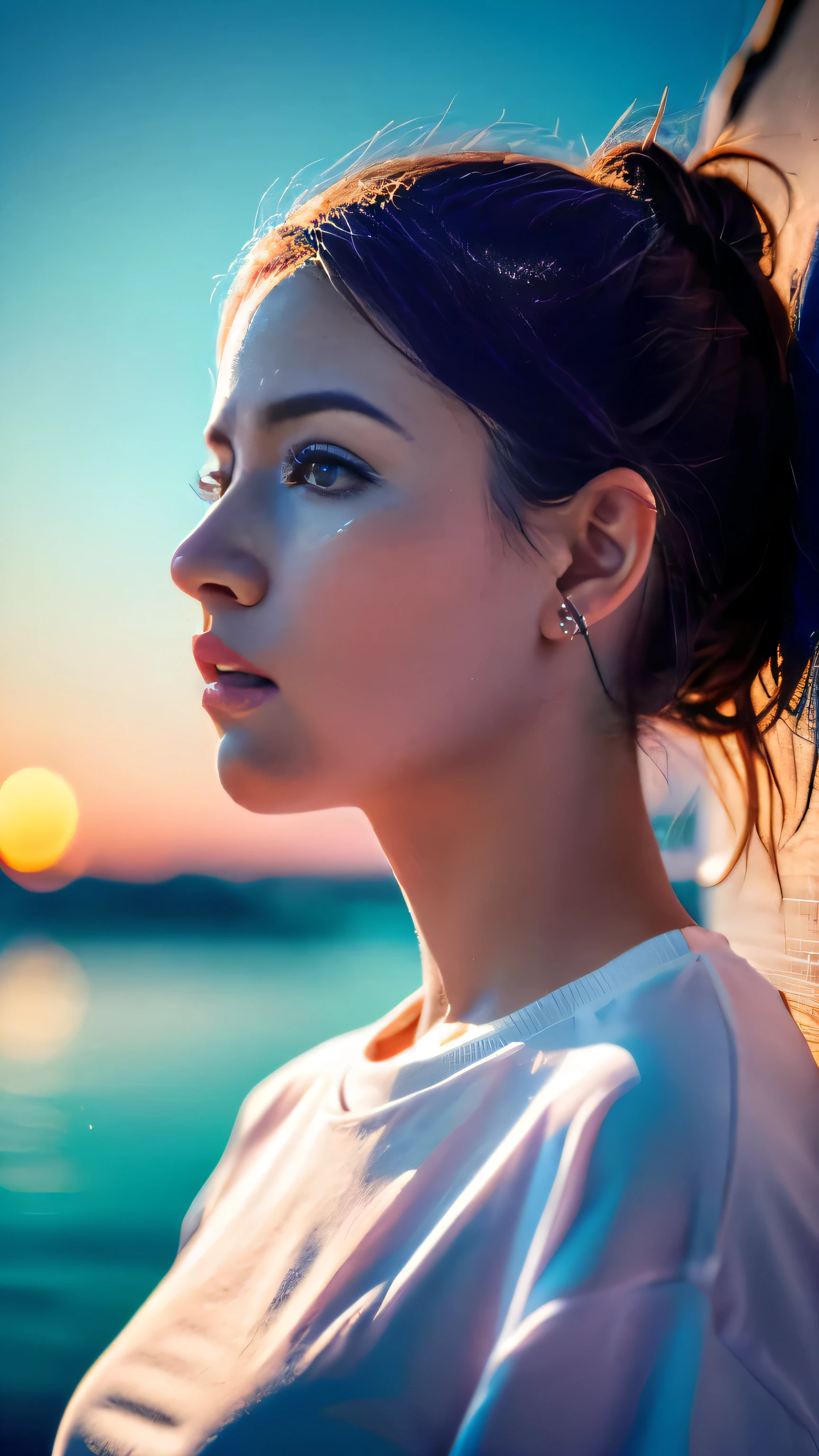 1girl, colorful theme, synthwave sky,(best quality, high quality, high resolution), realistic, ultra-detailed, highly detailed face features, absurdres,  realistic lighting and reflections, highly detailed face features, see through shirt, best photo,high quality illustration