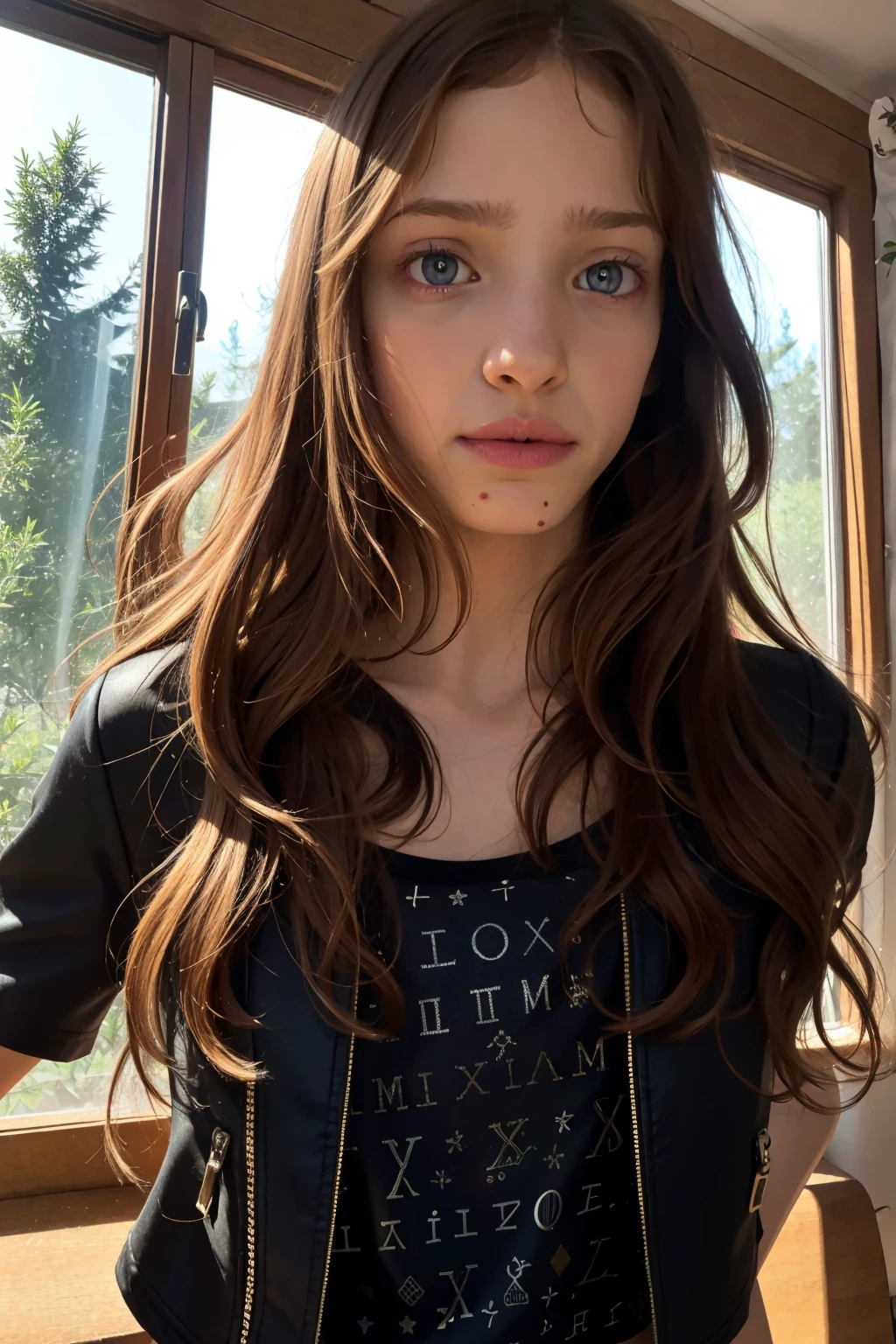 A stunning, intricate full color portrait in Ultra-HD, a 13 year old girl, brown hair, blue eyes, detailed face, dressed in a black leather jacket, in a room with a sunlit window, epic character composition , alessio albi. nina masic, sharp focus, natural lighting, subsurface dispersion, f2, 35mm,