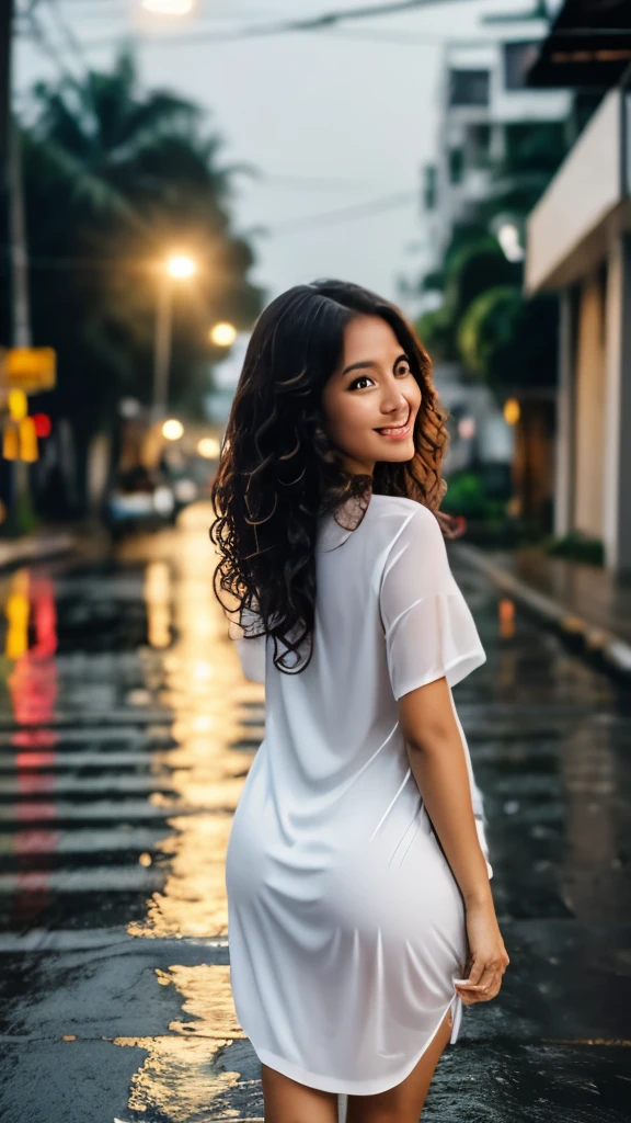 a beautiful woman from Indonesia, curly hair, with a sensual smile, wearing very thin white lingirie dress, standing at the street on a rainy night, spot by lighth from behind, wet body and shirt, full body shot, long shot angel, 8k