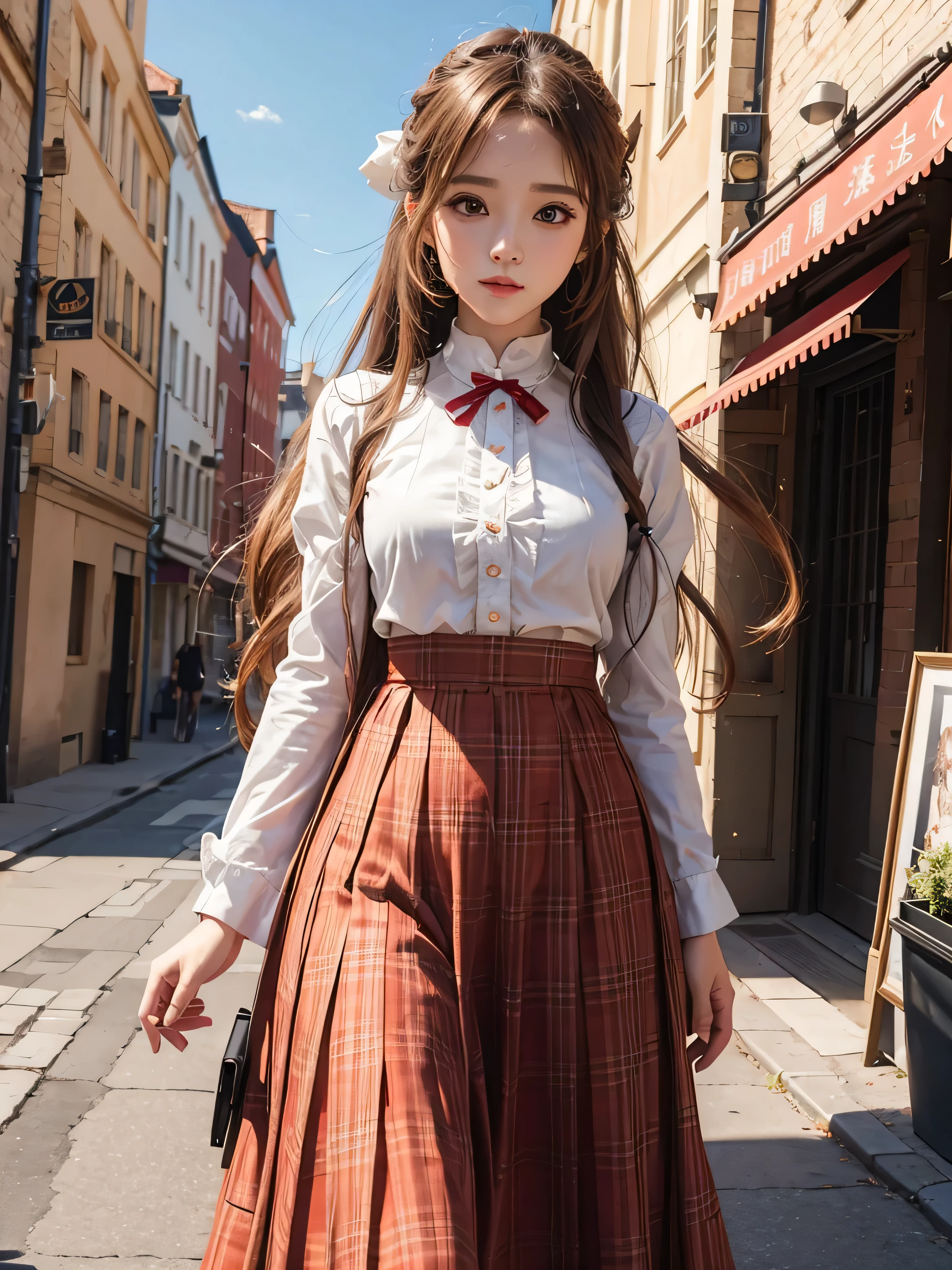 best qualtiy，realisitic、hight resolution、Three-dimensional、8K Image Photos、best pictures,​masterpiece、Long skirt、Undisputed cute girl、Dress correctly, Beautiful Finger、 charming figure,super precision、[[3D images]]、[[High quality anime girl with brown hair and brown eyes]]、[3D images:1.25],[[Attractive eyes,A detailed eye、Colorful eyes、radiant eyes:1.25]]、long pony tail ,[[White and red uniform]], 8k picture, cowboy  shot、long  skirt